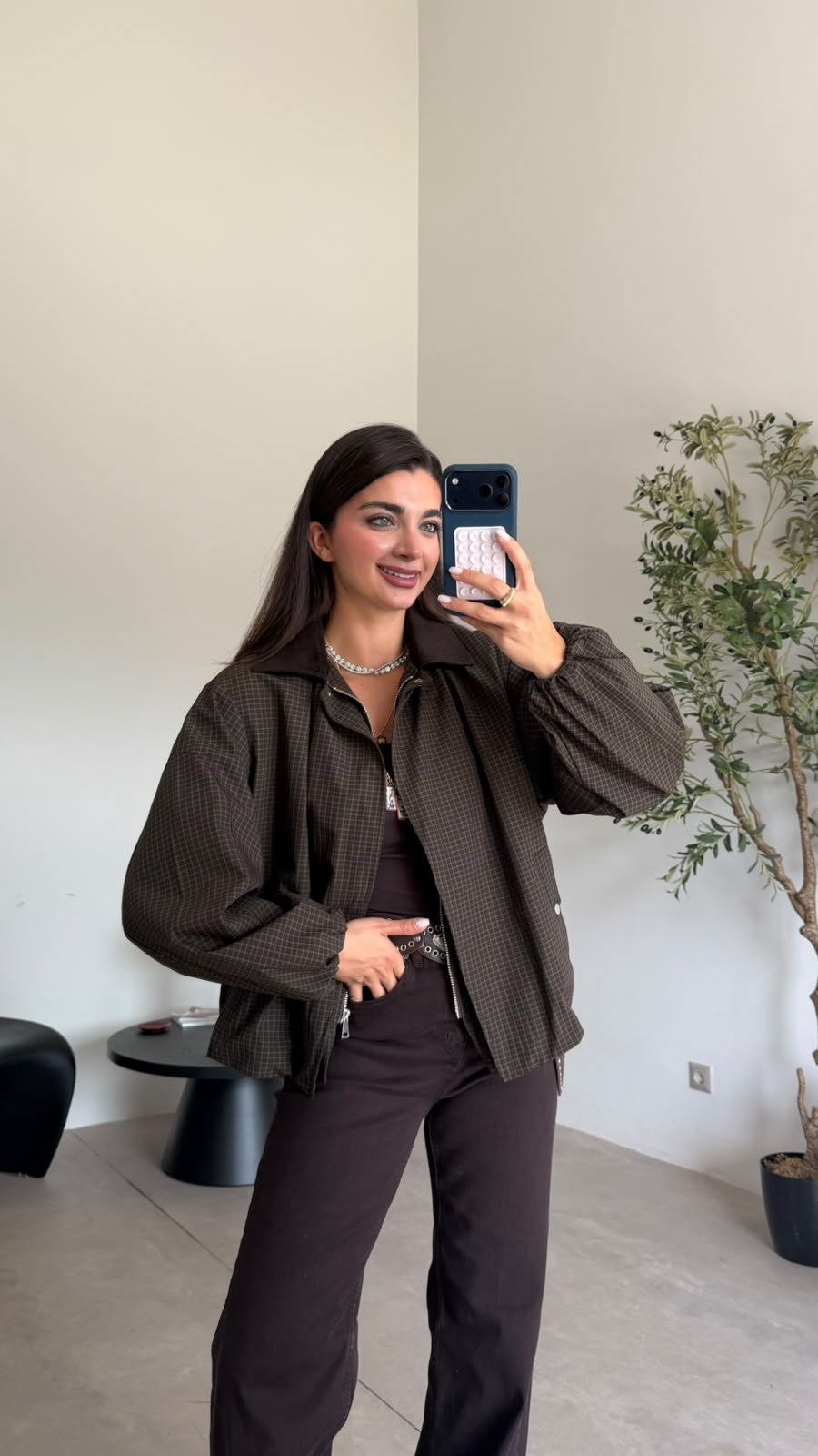 Kahve Ekoseli Kadife Yaka Ceket