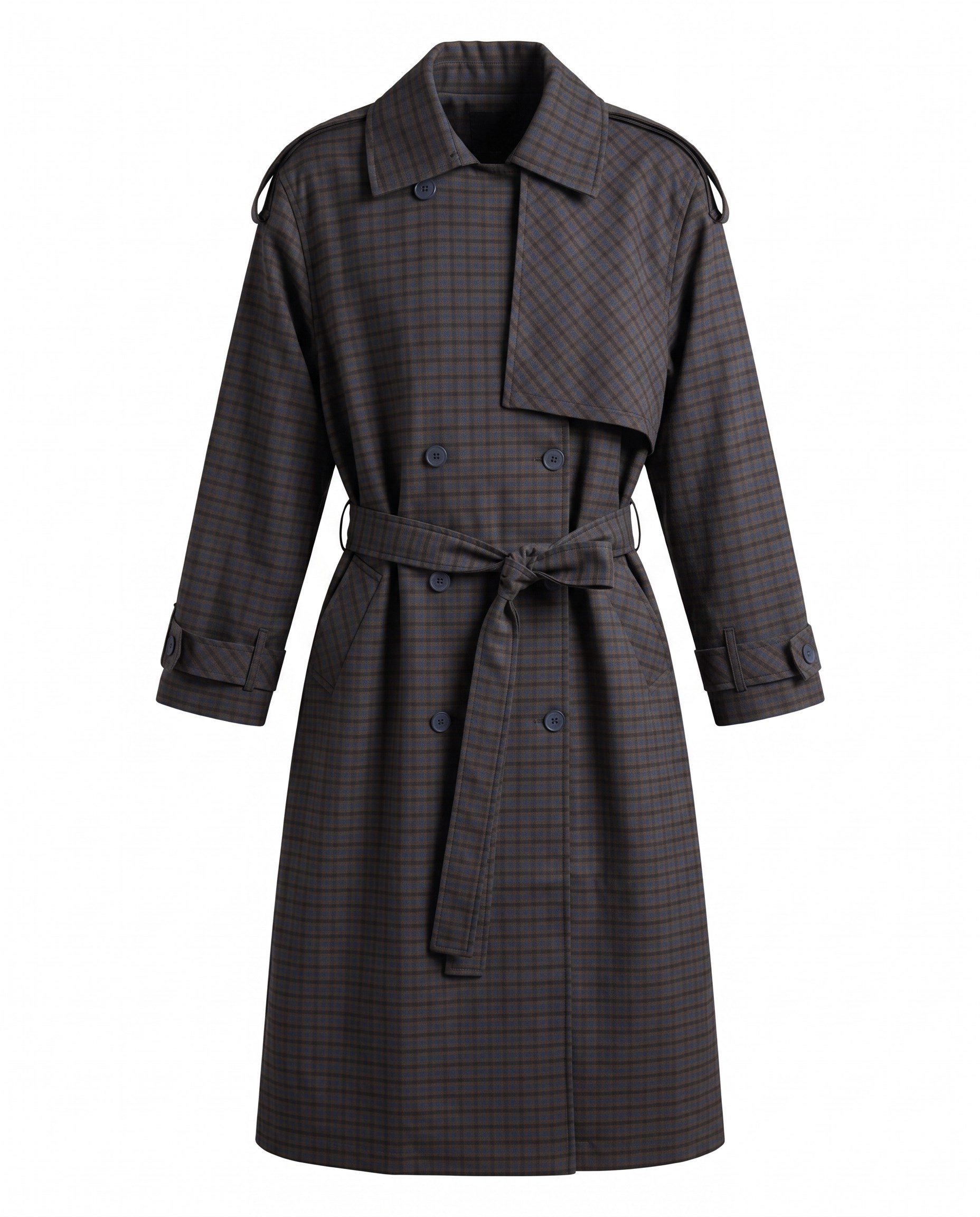 Kahve Ekoseli Oversize Trenç