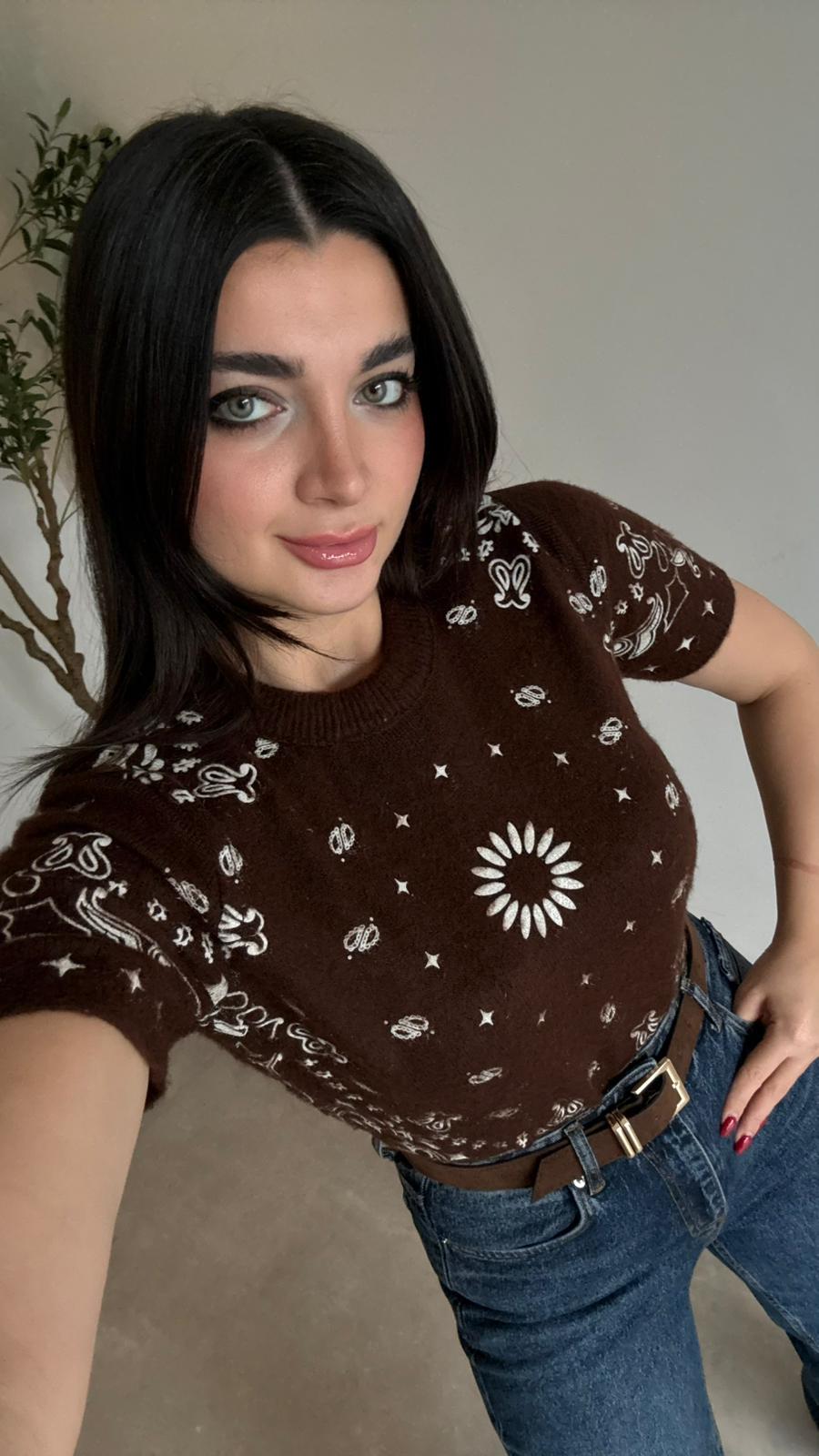 Kahve Etnik Desenli Triko Bluz