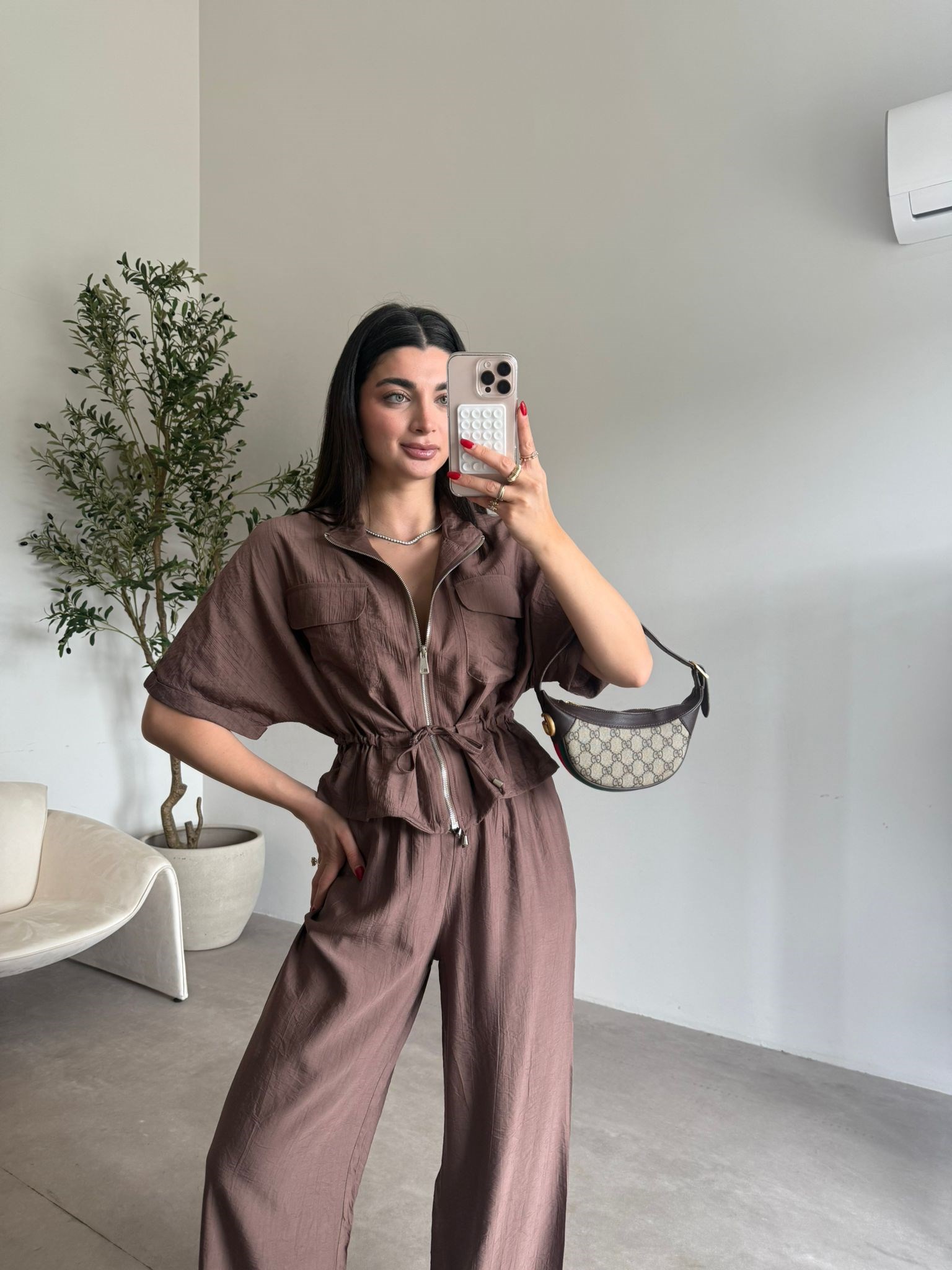 Kahve Fermuarlı Büzgülü Takım
