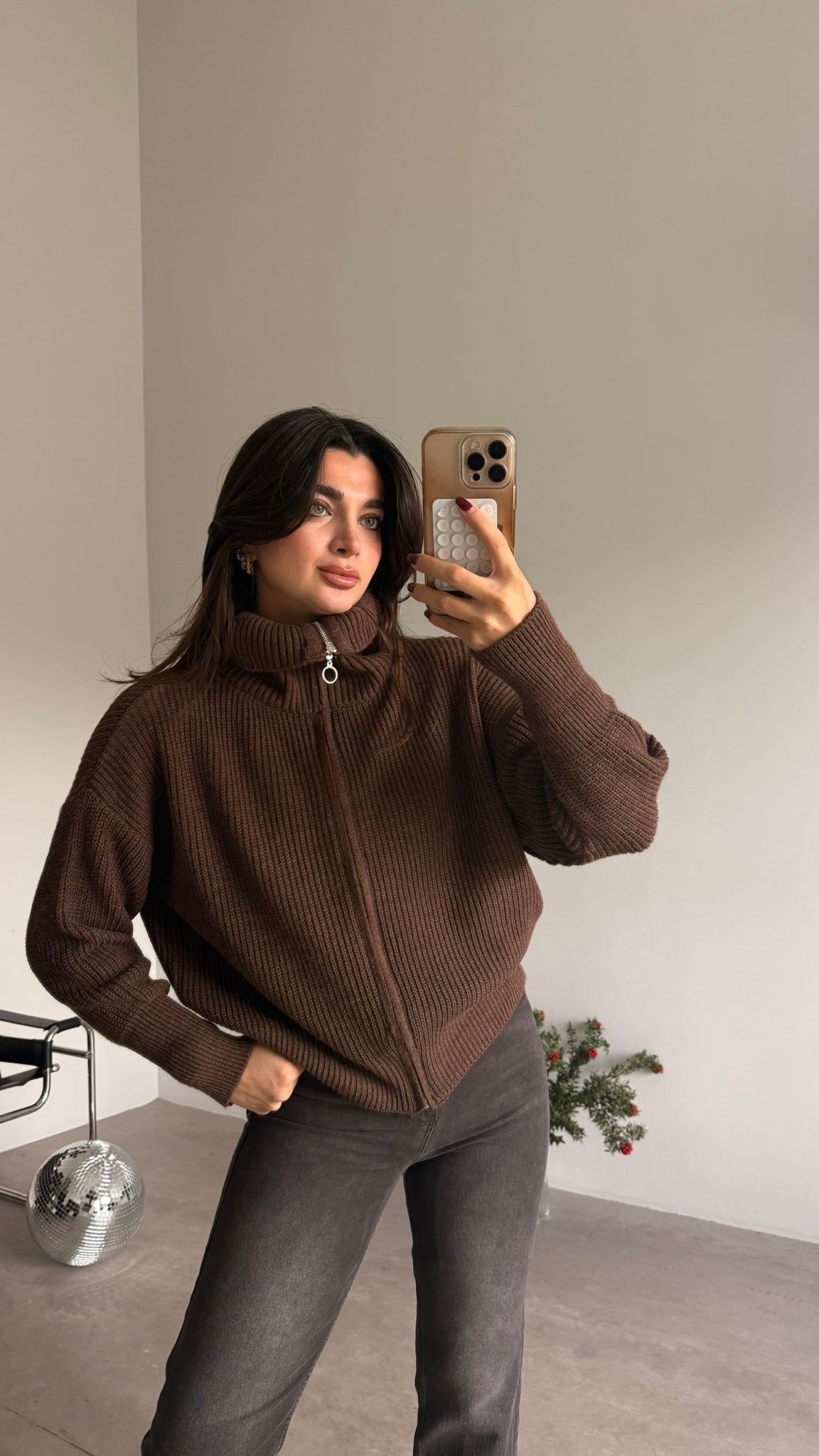 Kahve Fermuarlı Örme Hırka
