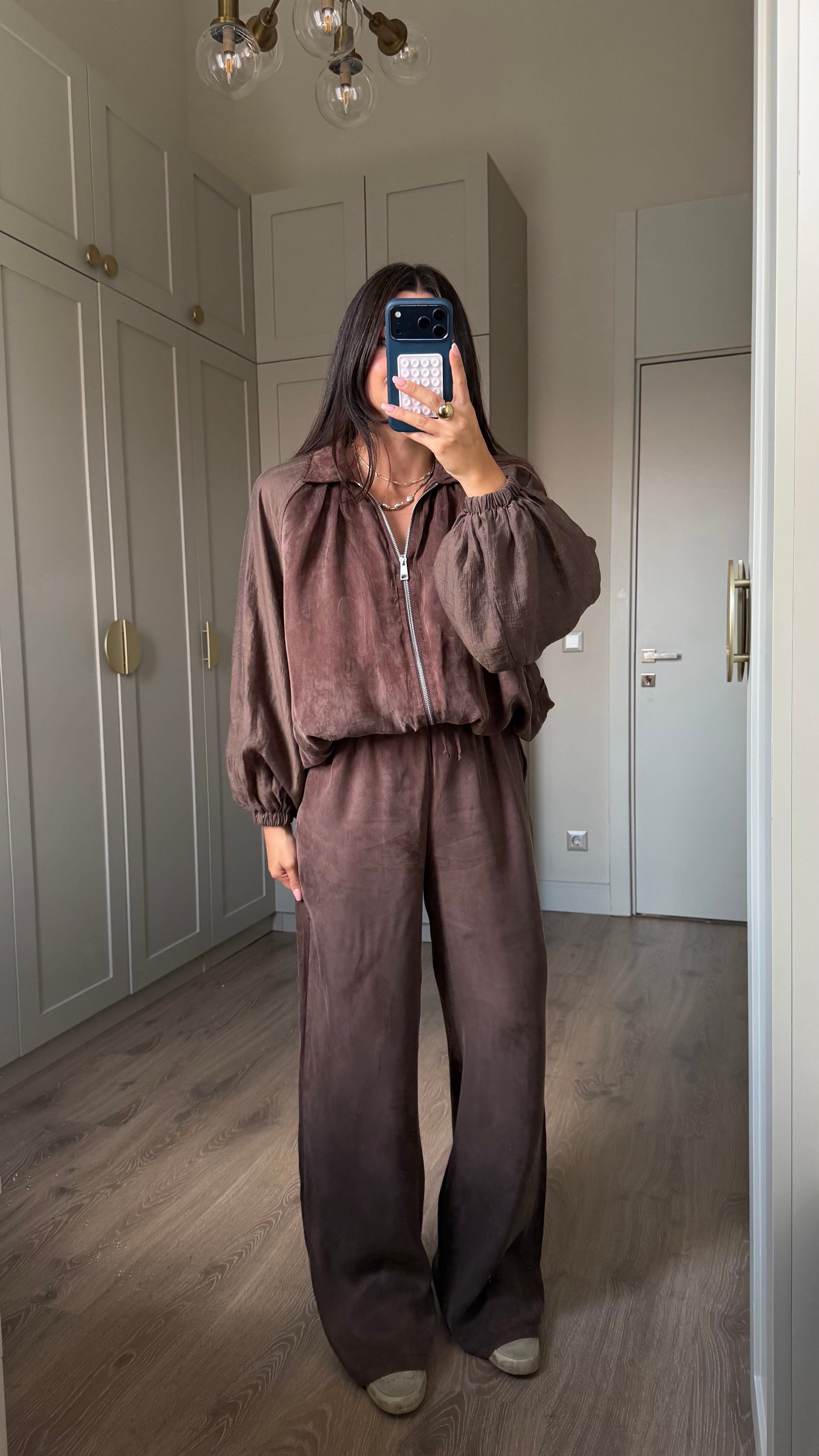 Kahve Garnili Bomber Pantolon Takım