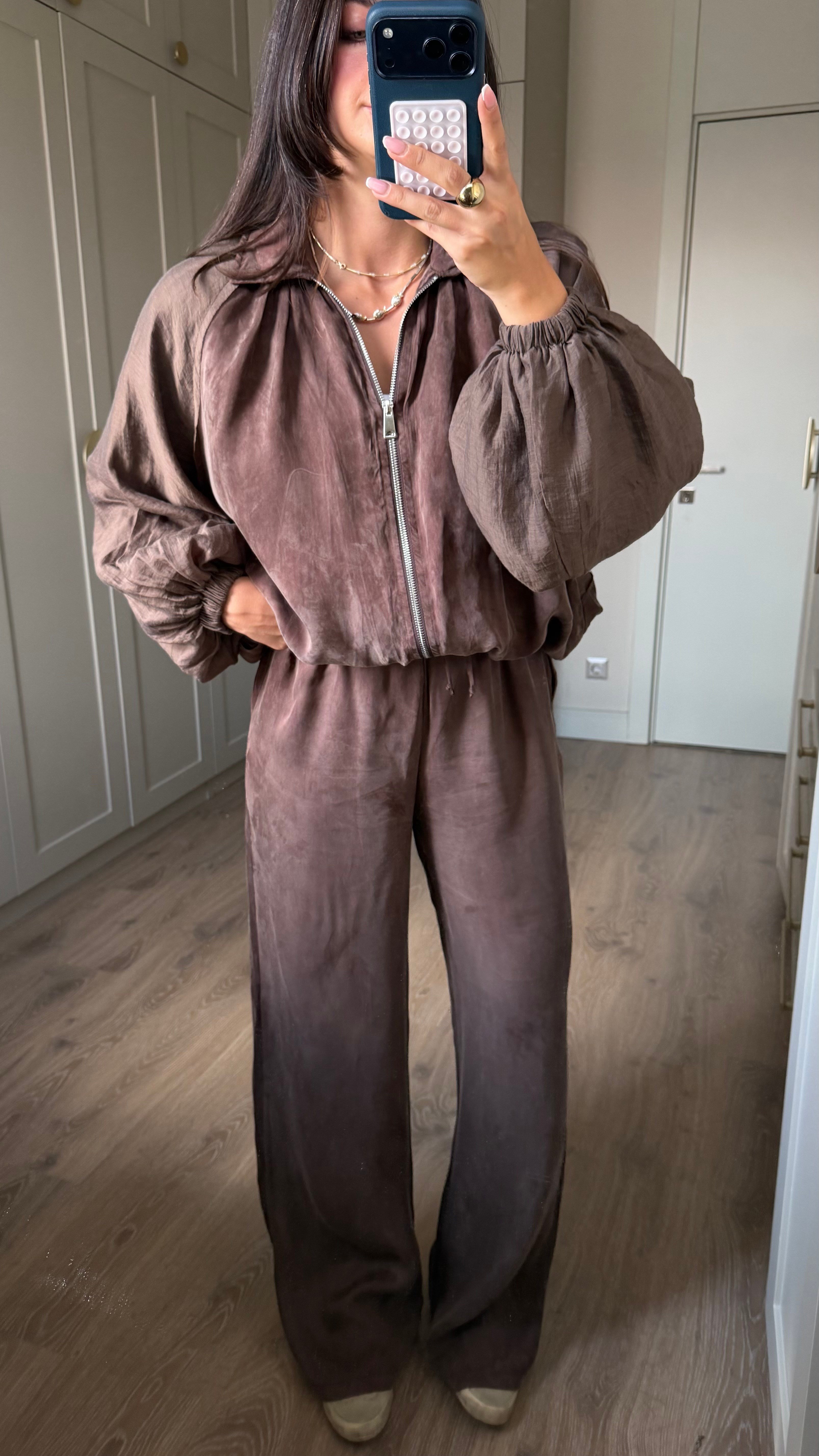 Kahve Garnili Bomber Pantolon Takım