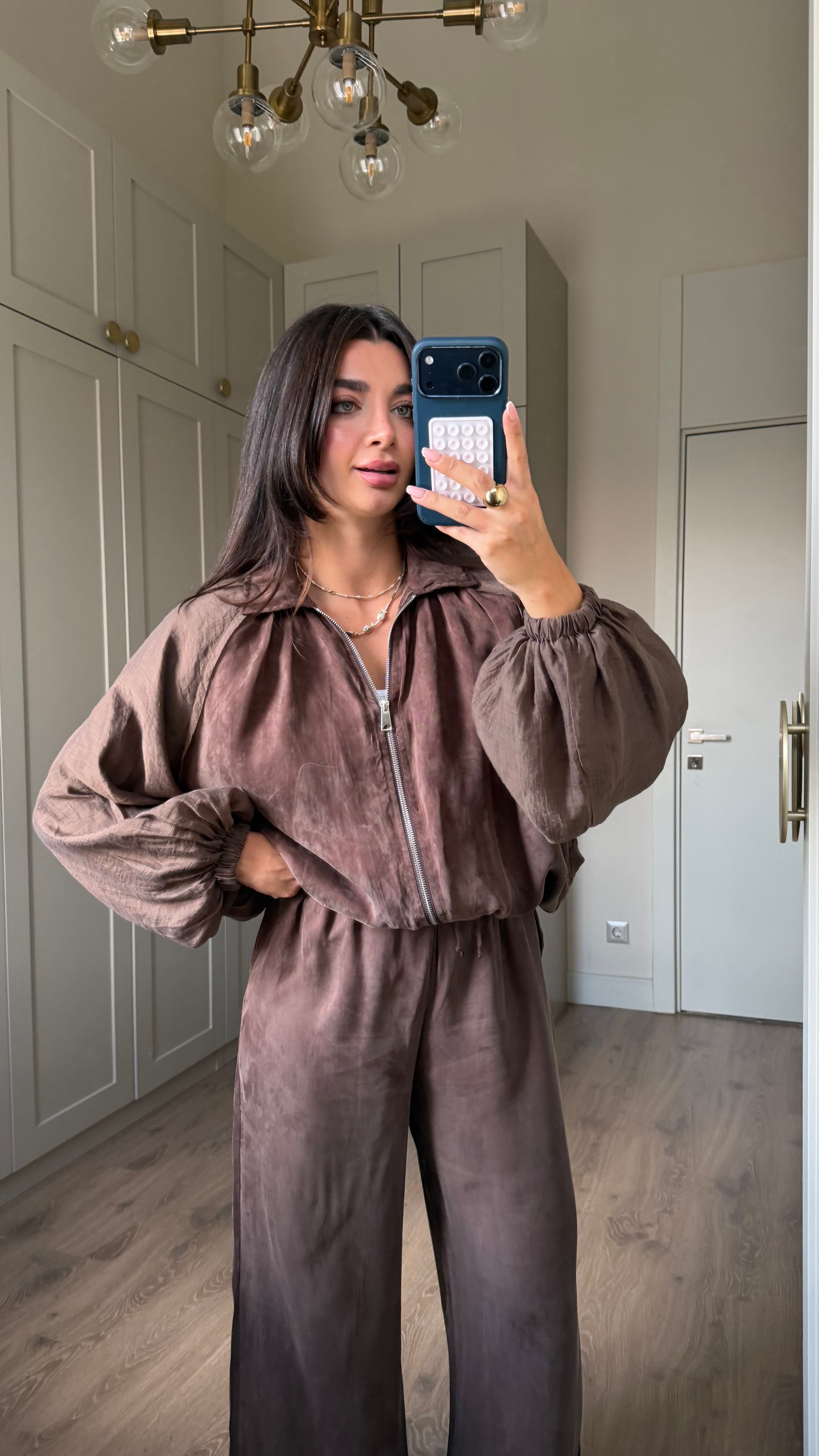 Kahve Garnili Bomber Pantolon Takım