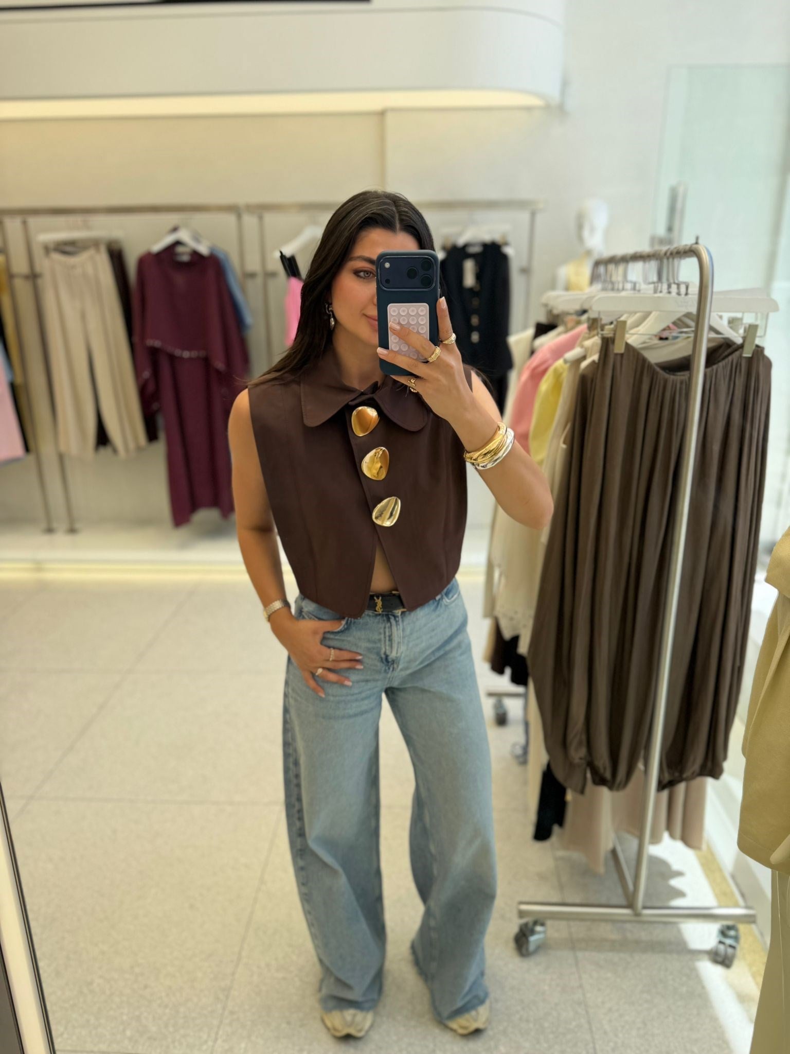Kahve Gold Aksesuarlı Astarlı Yelek