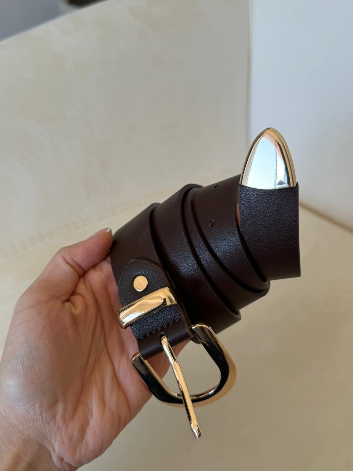 Kahve Gold Detaylı Deri Kemer