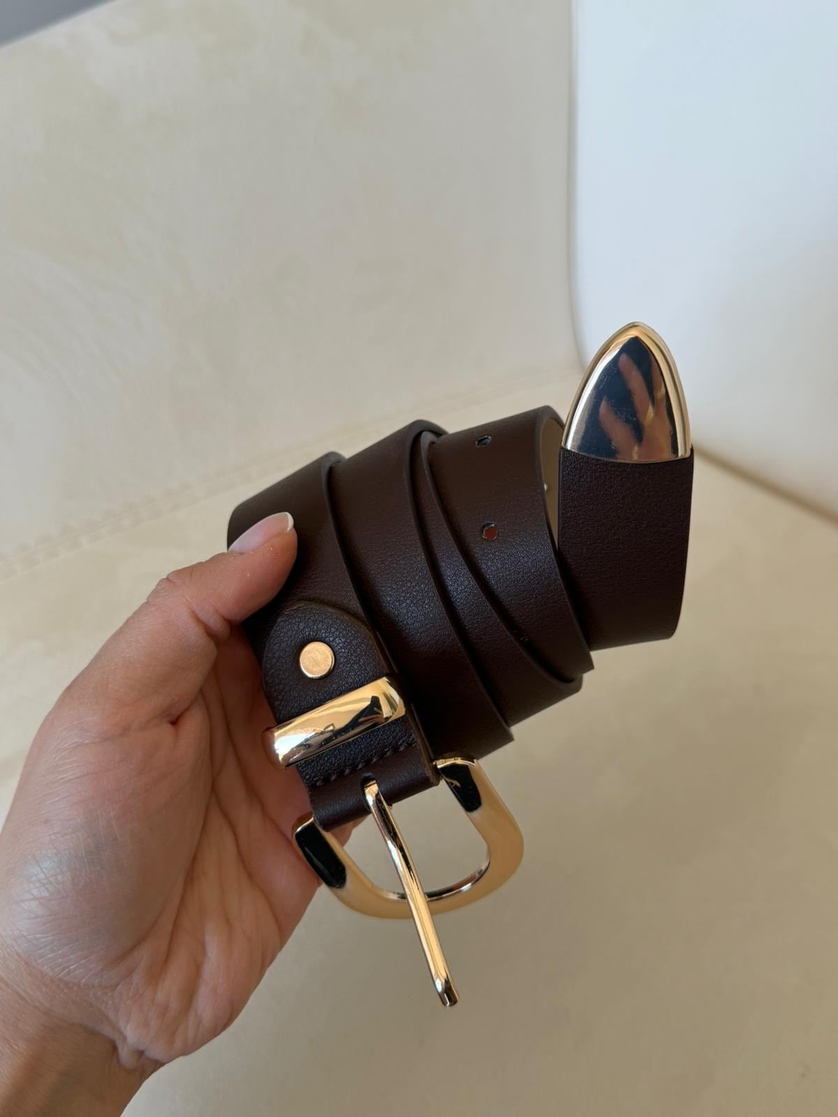 Kahve Gold Detaylı Deri Kemer
