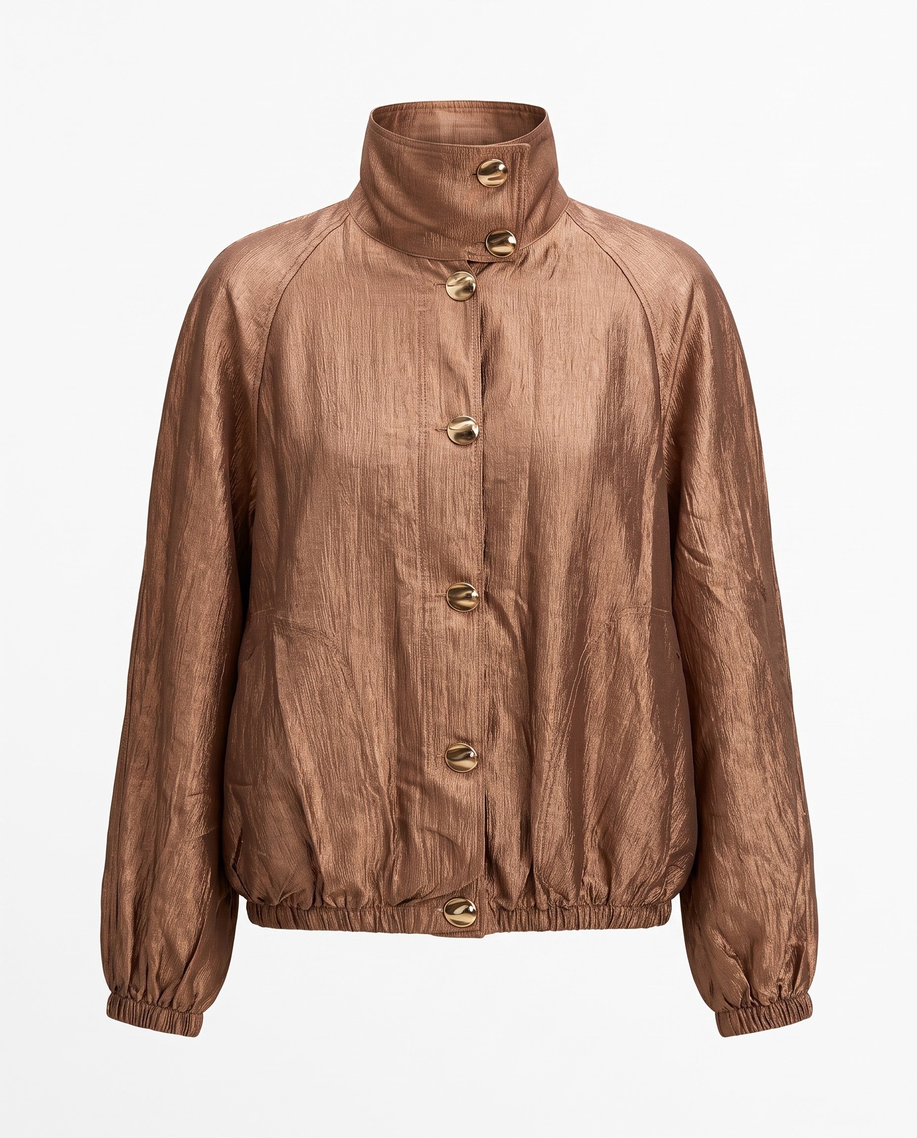 Kahve Gold Düğmeli Dik Yaka Bomber Ceket