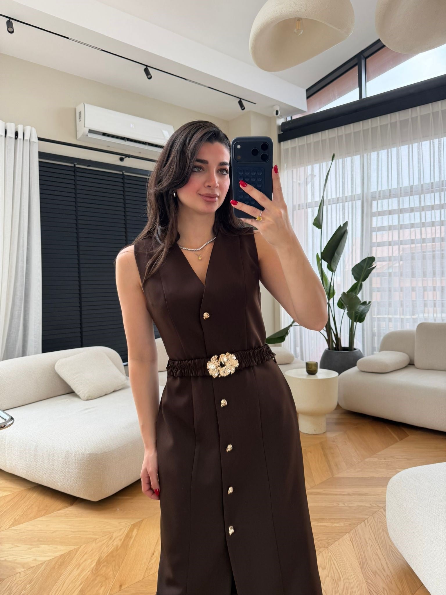 Kahve Gold Düğmeli Tokalı Ceket Elbise