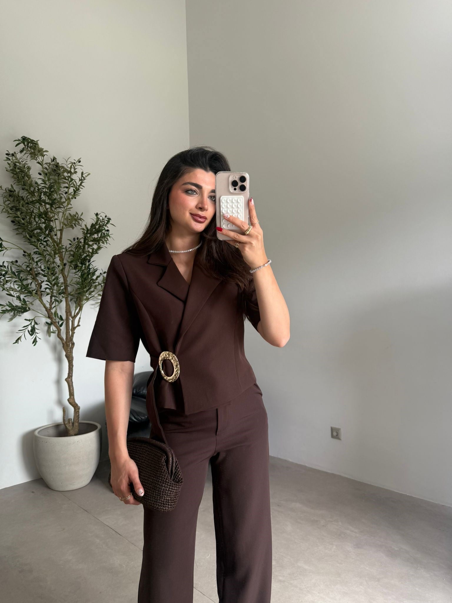 Kahve Gold Tokalı Ceket Pantolon Takım