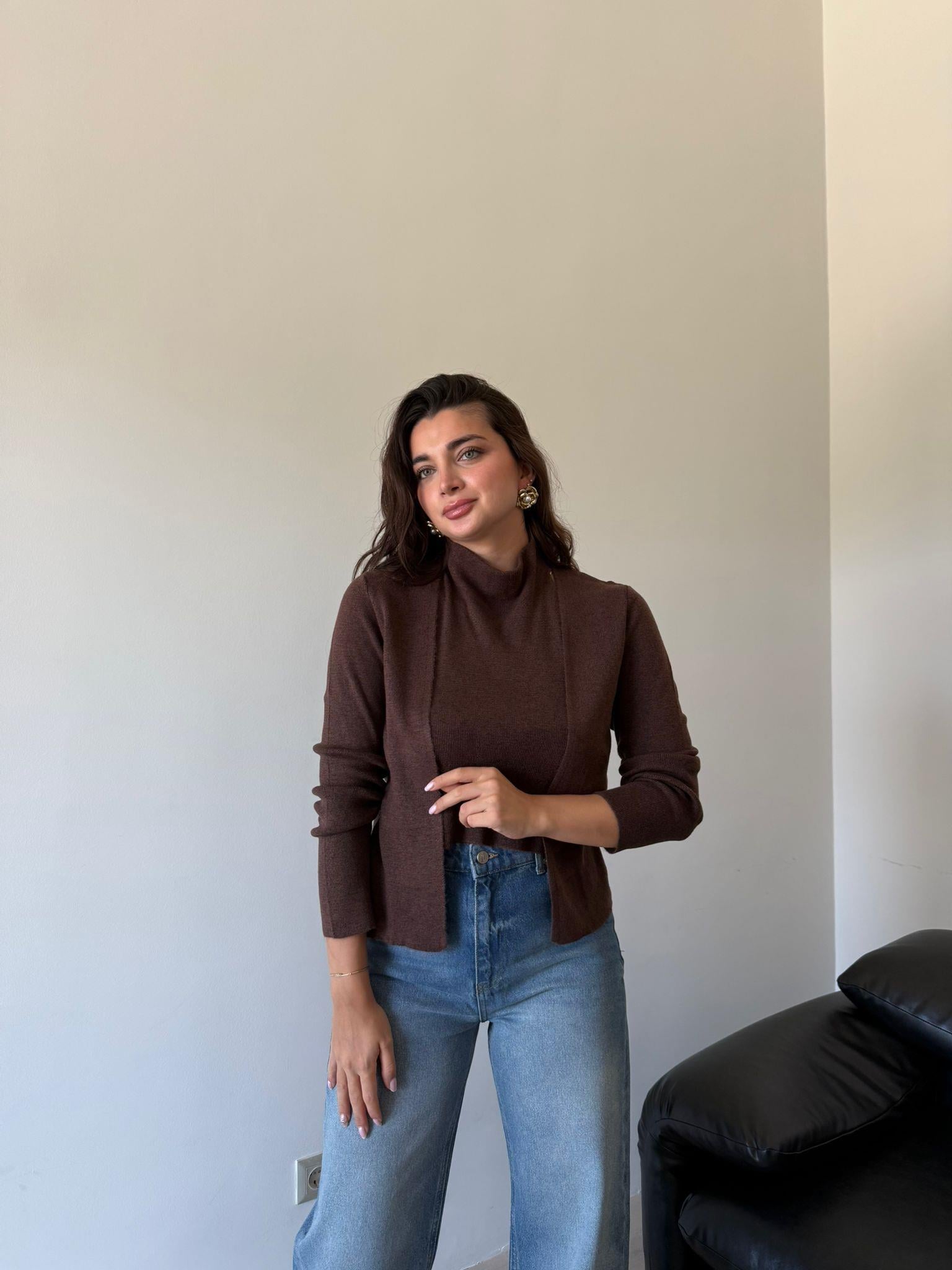 Kahve İç Dış Bitişik Hırka Takım