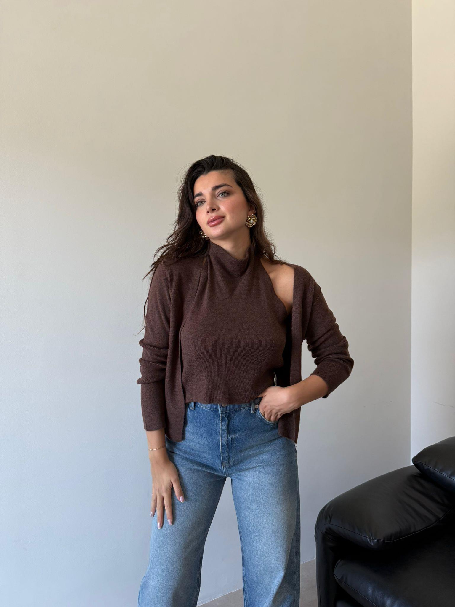 Kahve İç Dış Bitişik Hırka Takım