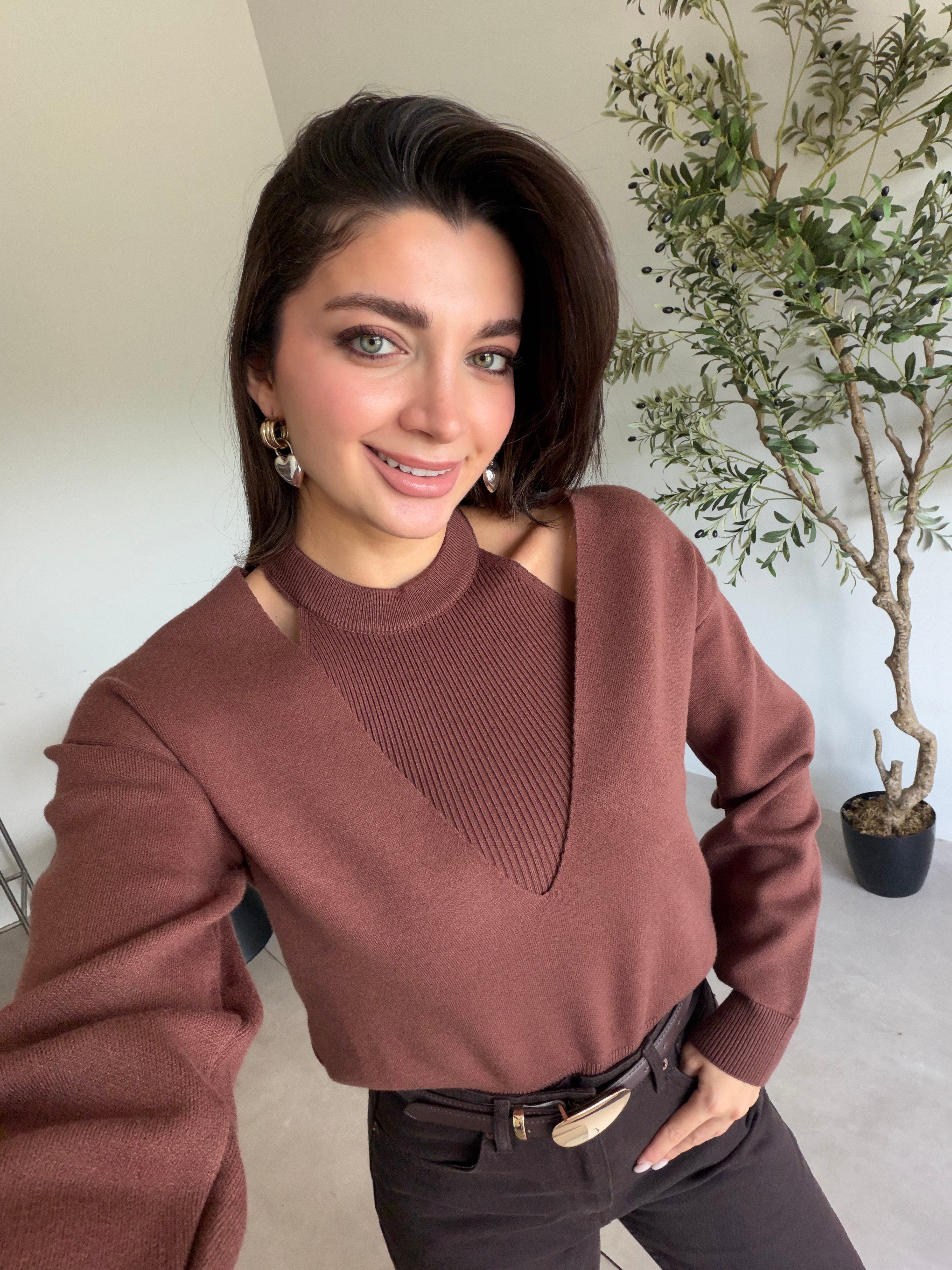 Kahve İkili V Yaka Kazak Takım