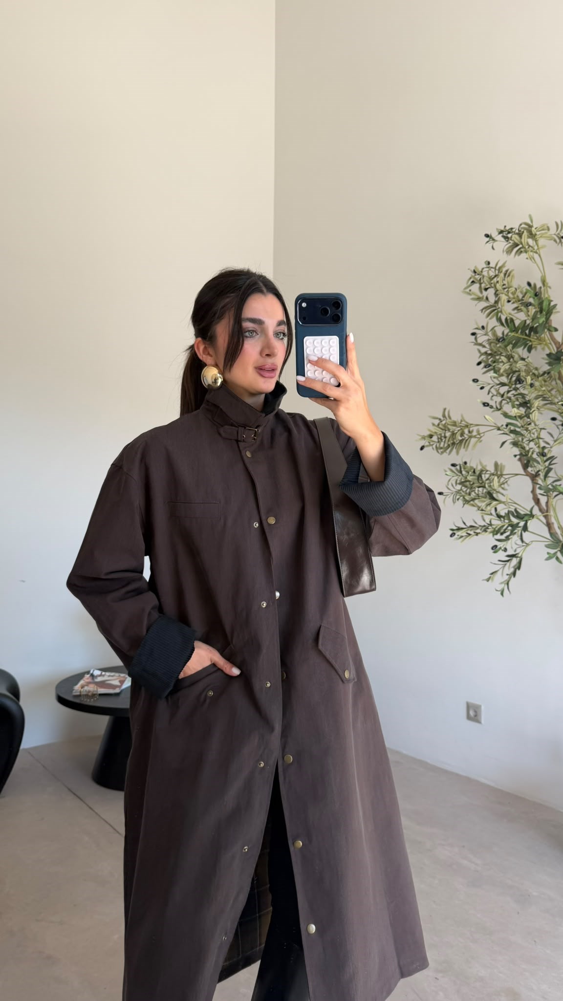 Kahve Kadife Yaka Uzun Trenç