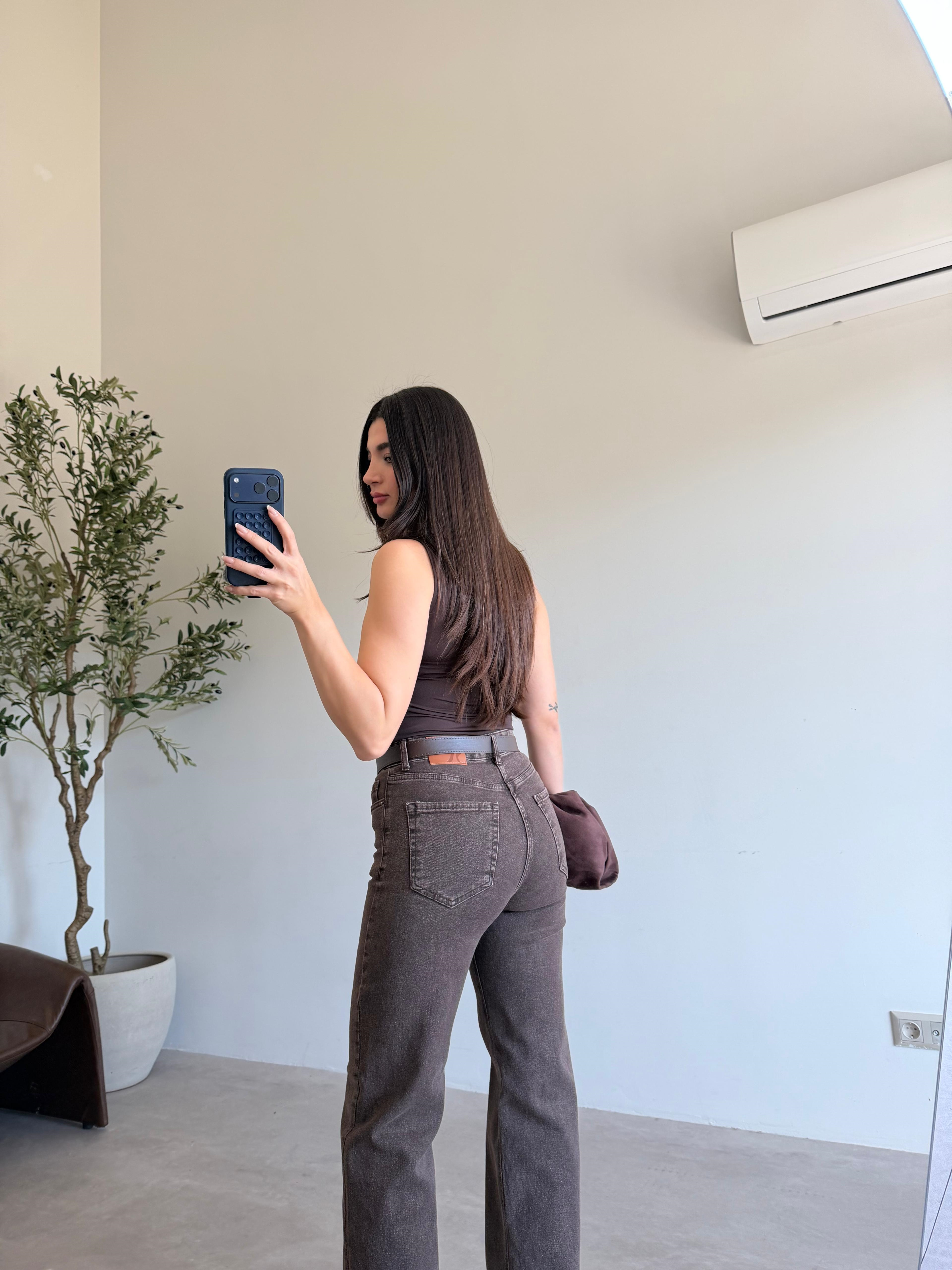 Kahve Kare Yaka Drapeli Likralı Bluz
