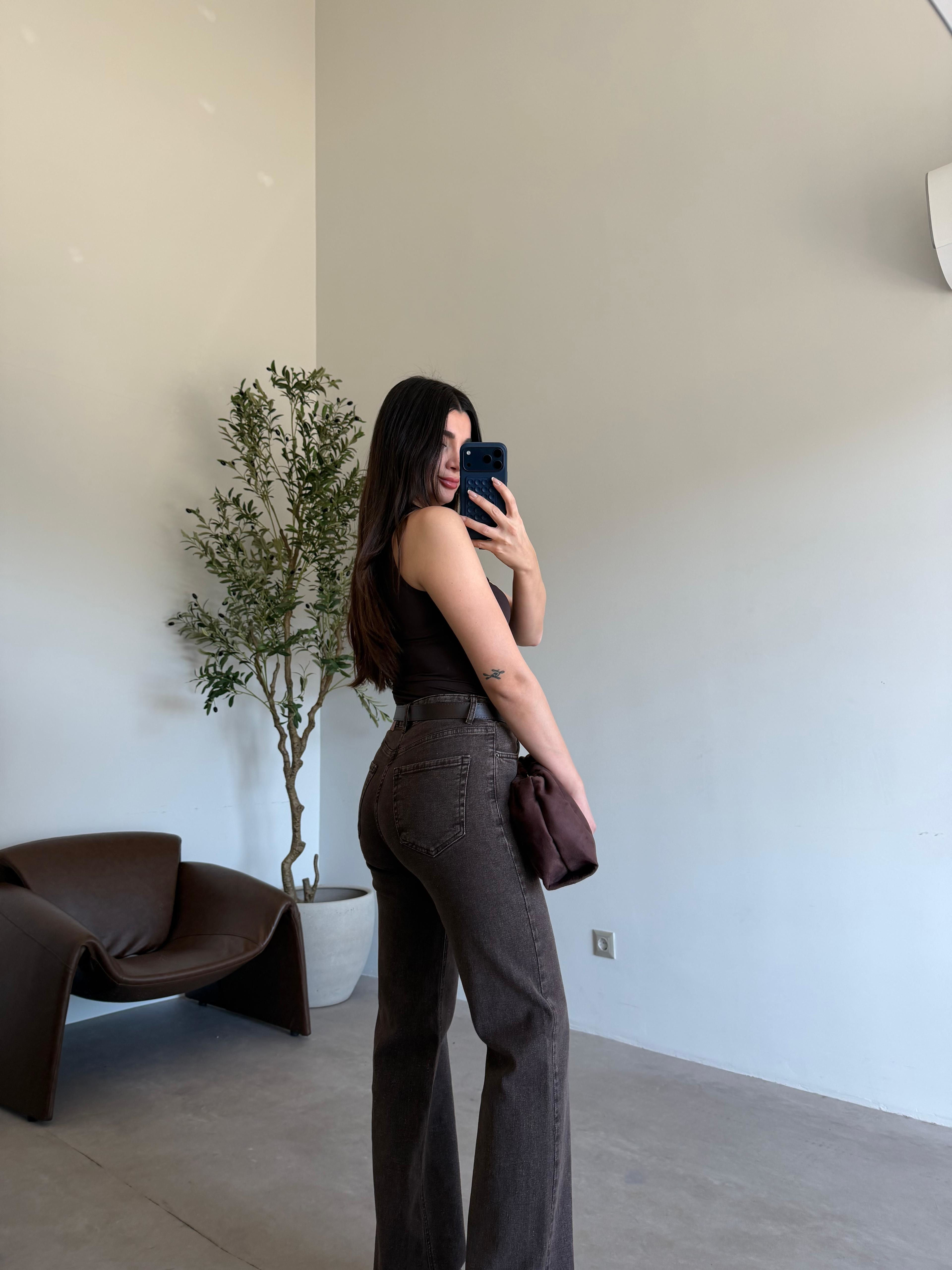 Kahve Kare Yaka Drapeli Likralı Bluz