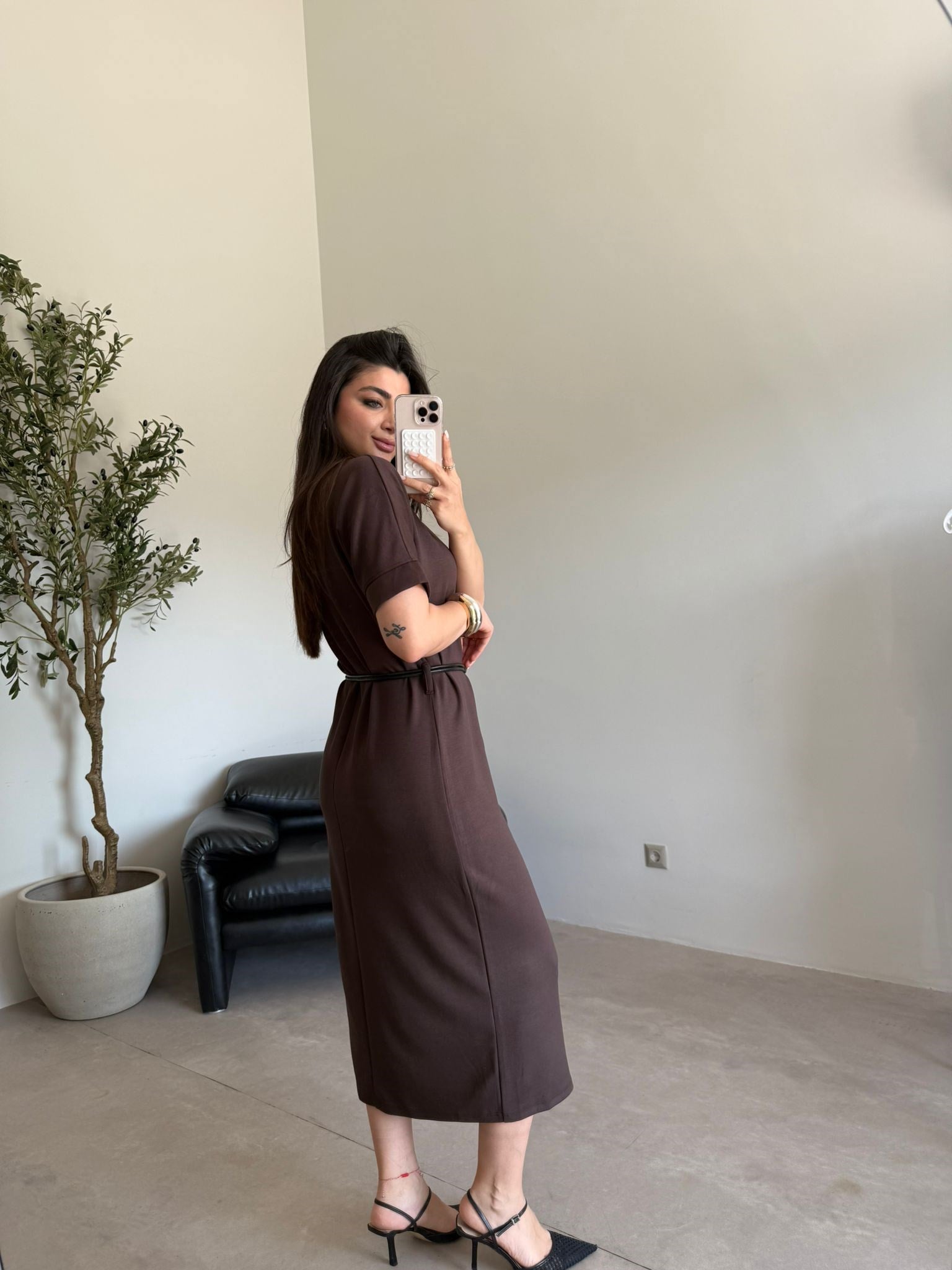Kahve Kemerli Modal Elbise