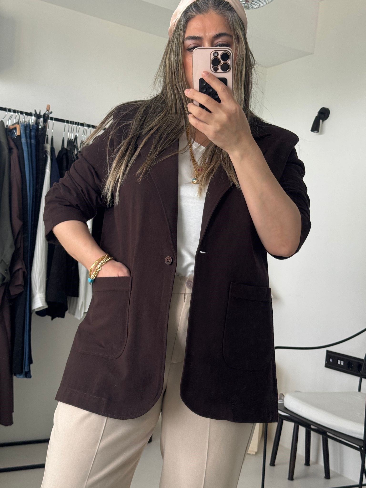 Kahve Keten Big Size Blazer Ceket