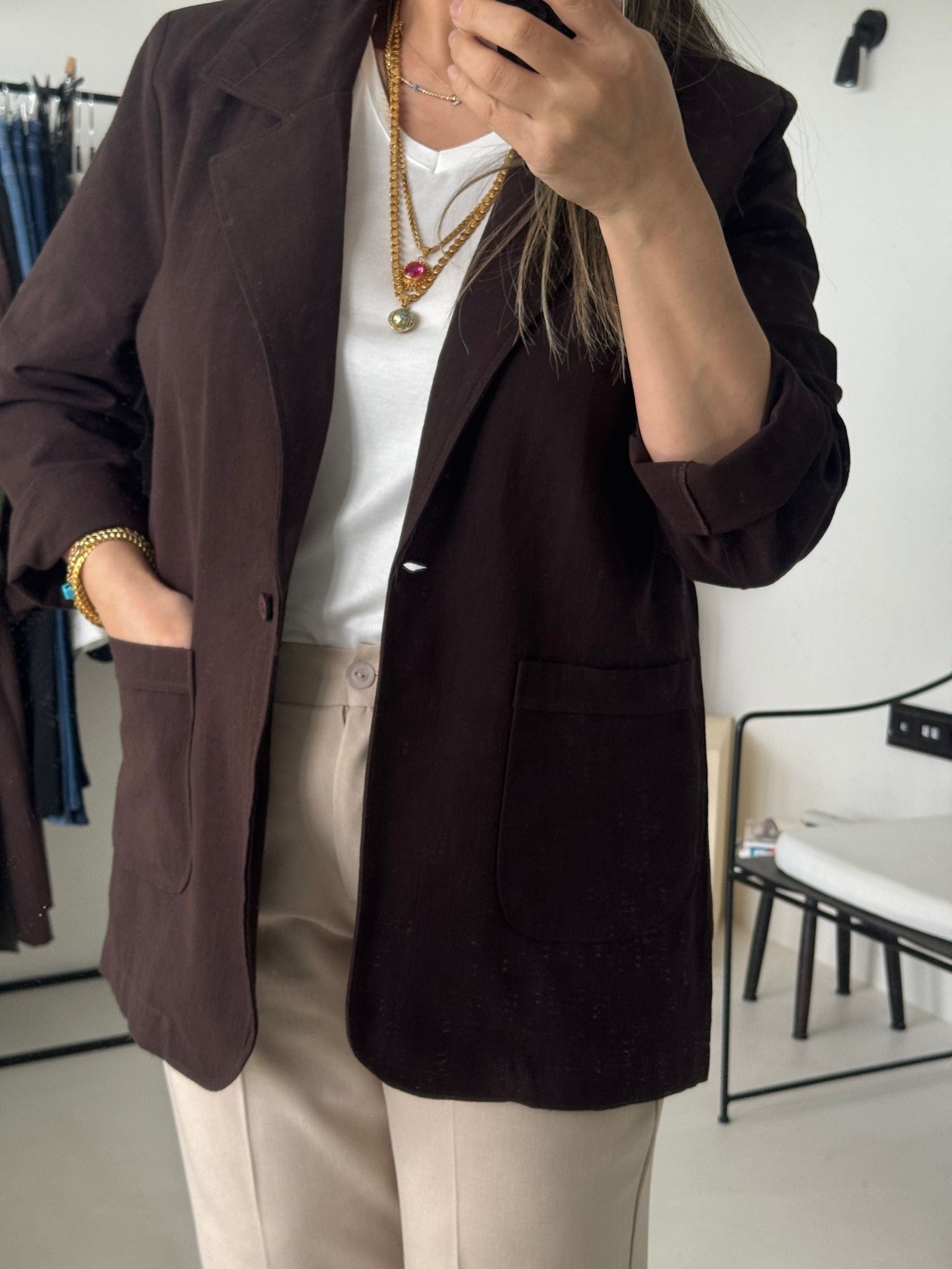 Kahve Keten Big Size Blazer Ceket