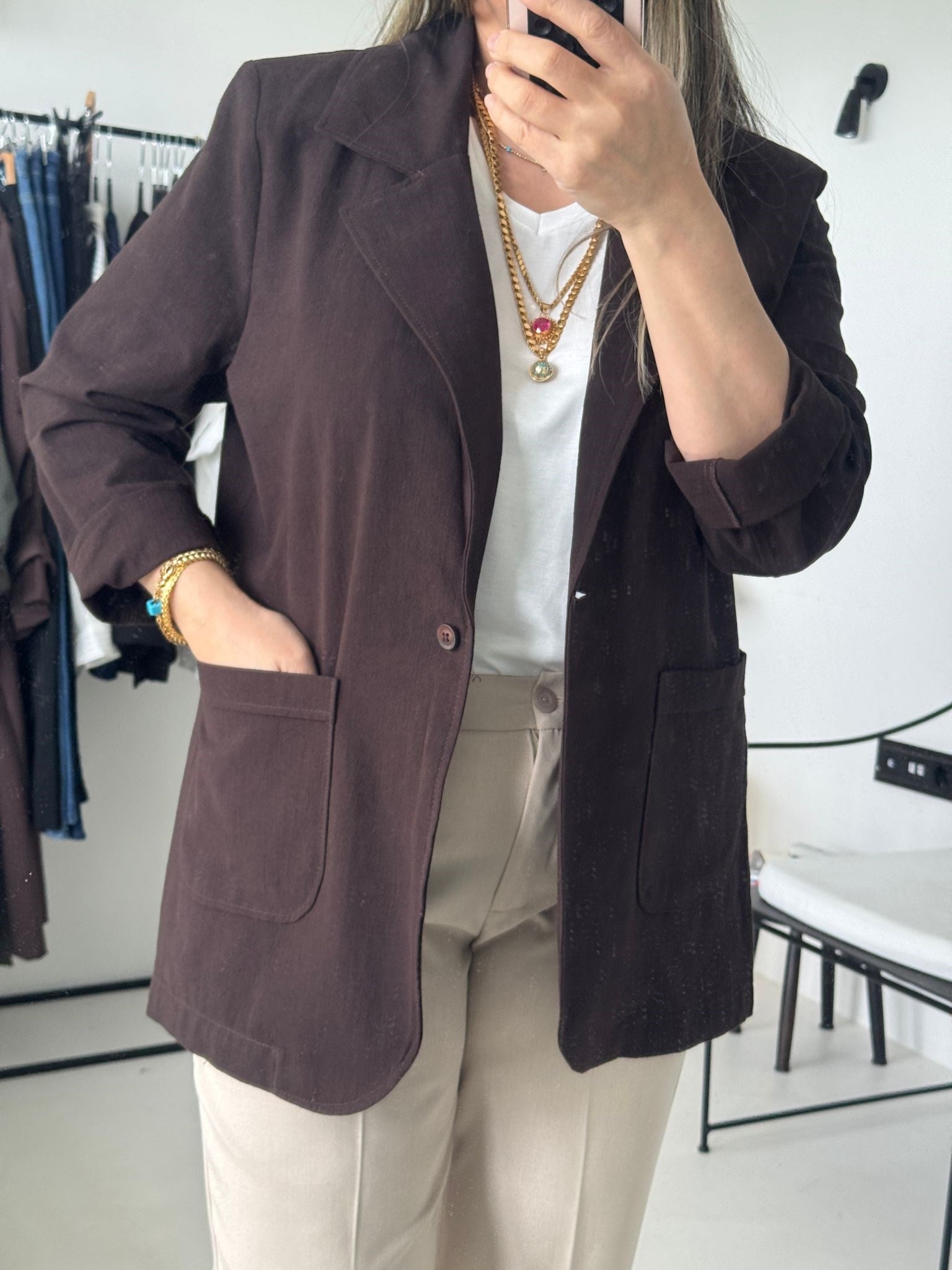 Kahve Keten Big Size Blazer Ceket