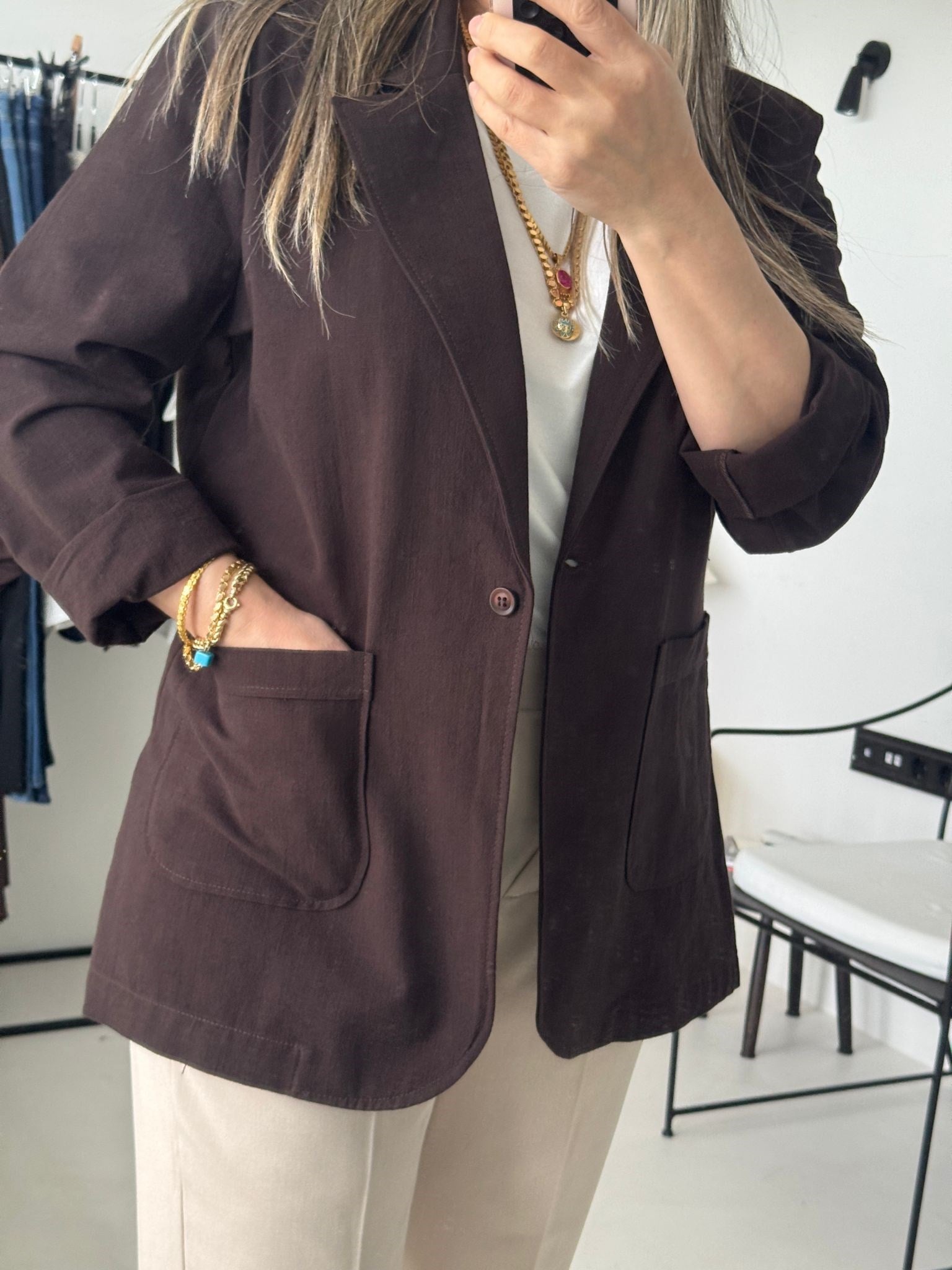 Kahve Keten Big Size Blazer Ceket