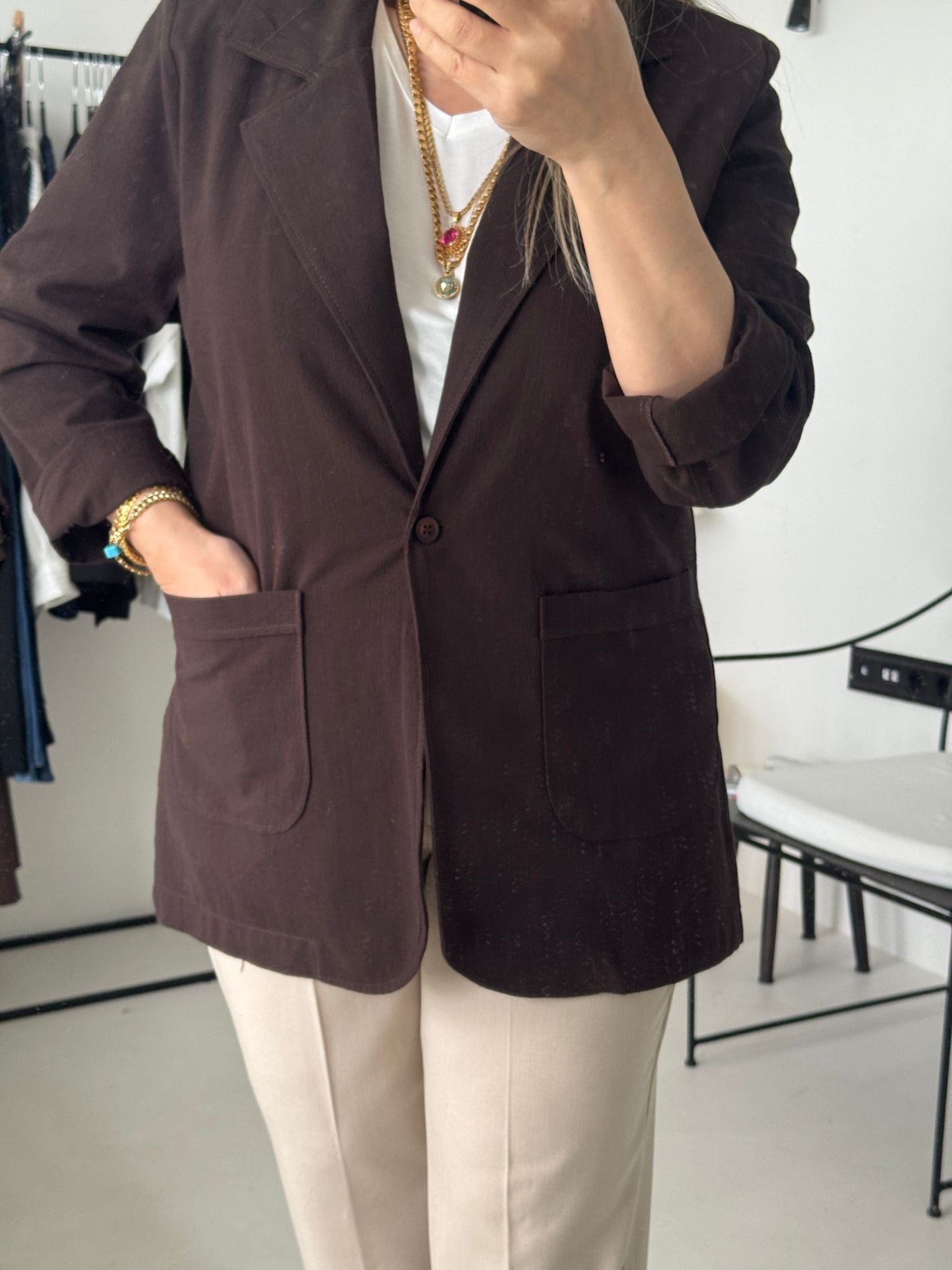 Kahve Keten Big Size Blazer Ceket