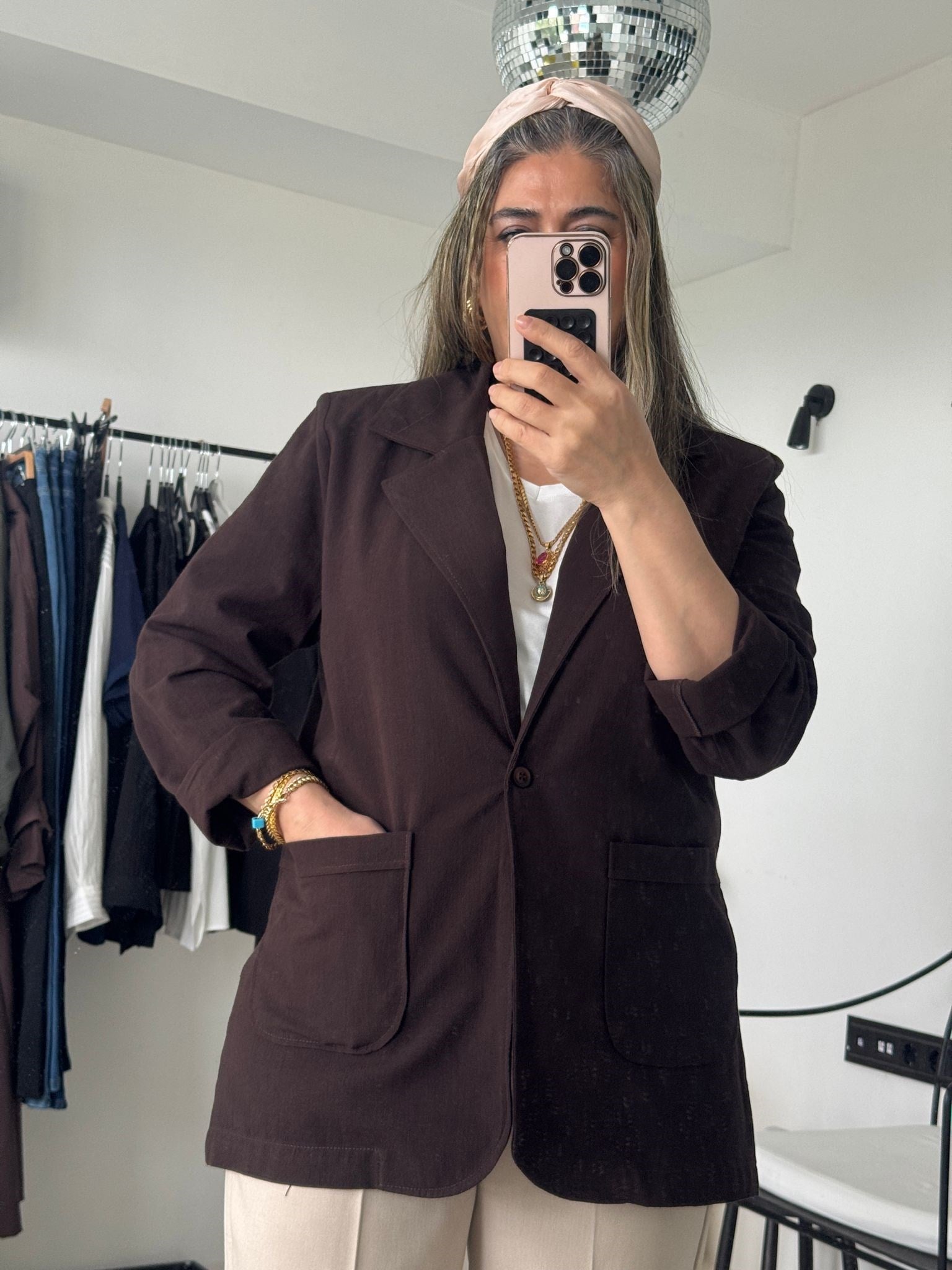 Kahve Keten Big Size Blazer Ceket