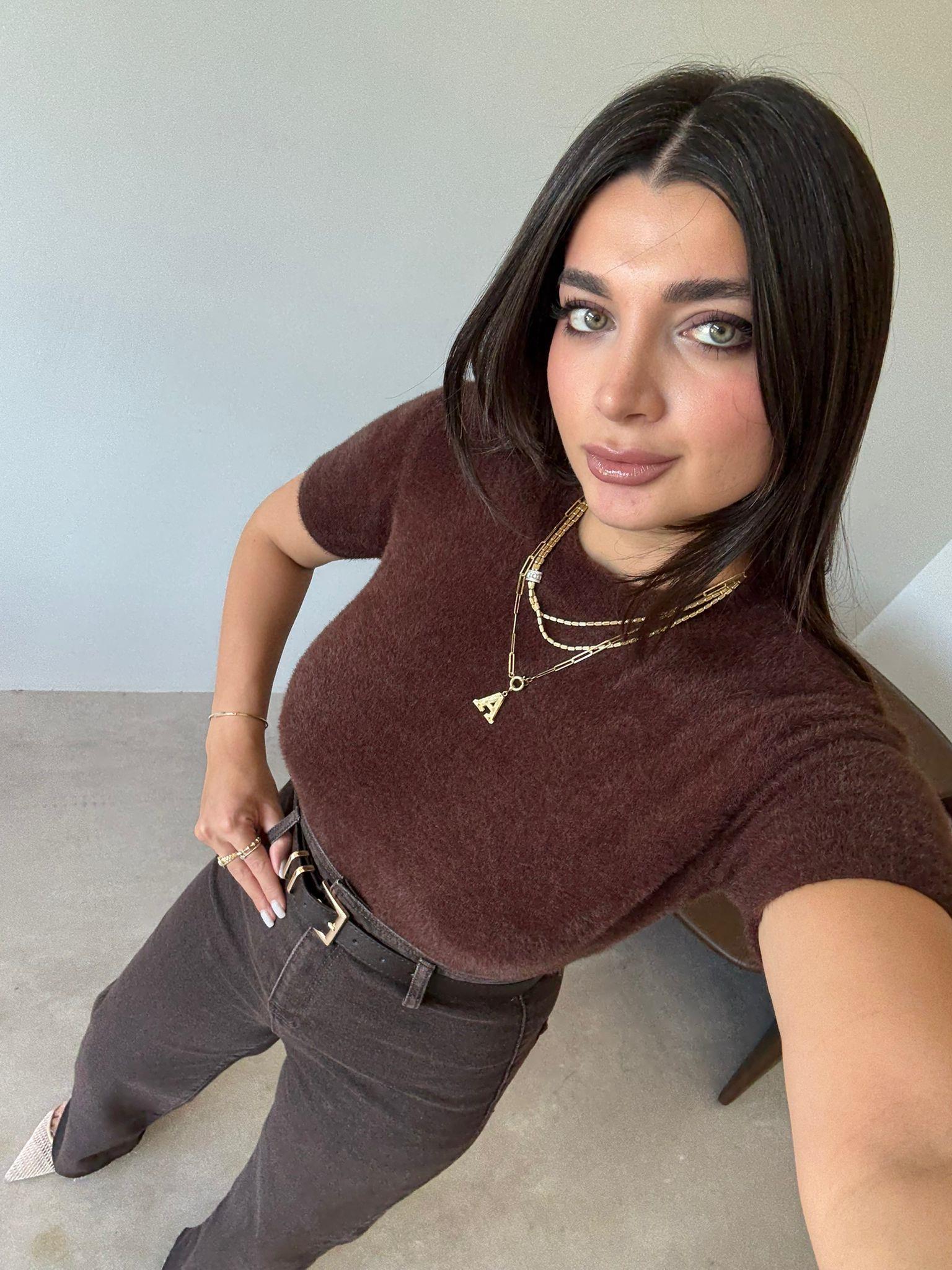 Kahve Kırçıllı Yumuşacık Kısa Kol Bluz