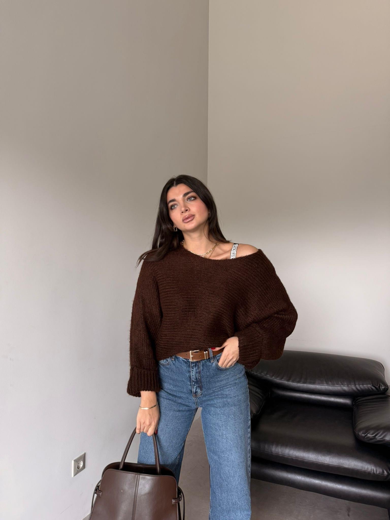 Kahve Kolu Katlamalı Triko Kazak
