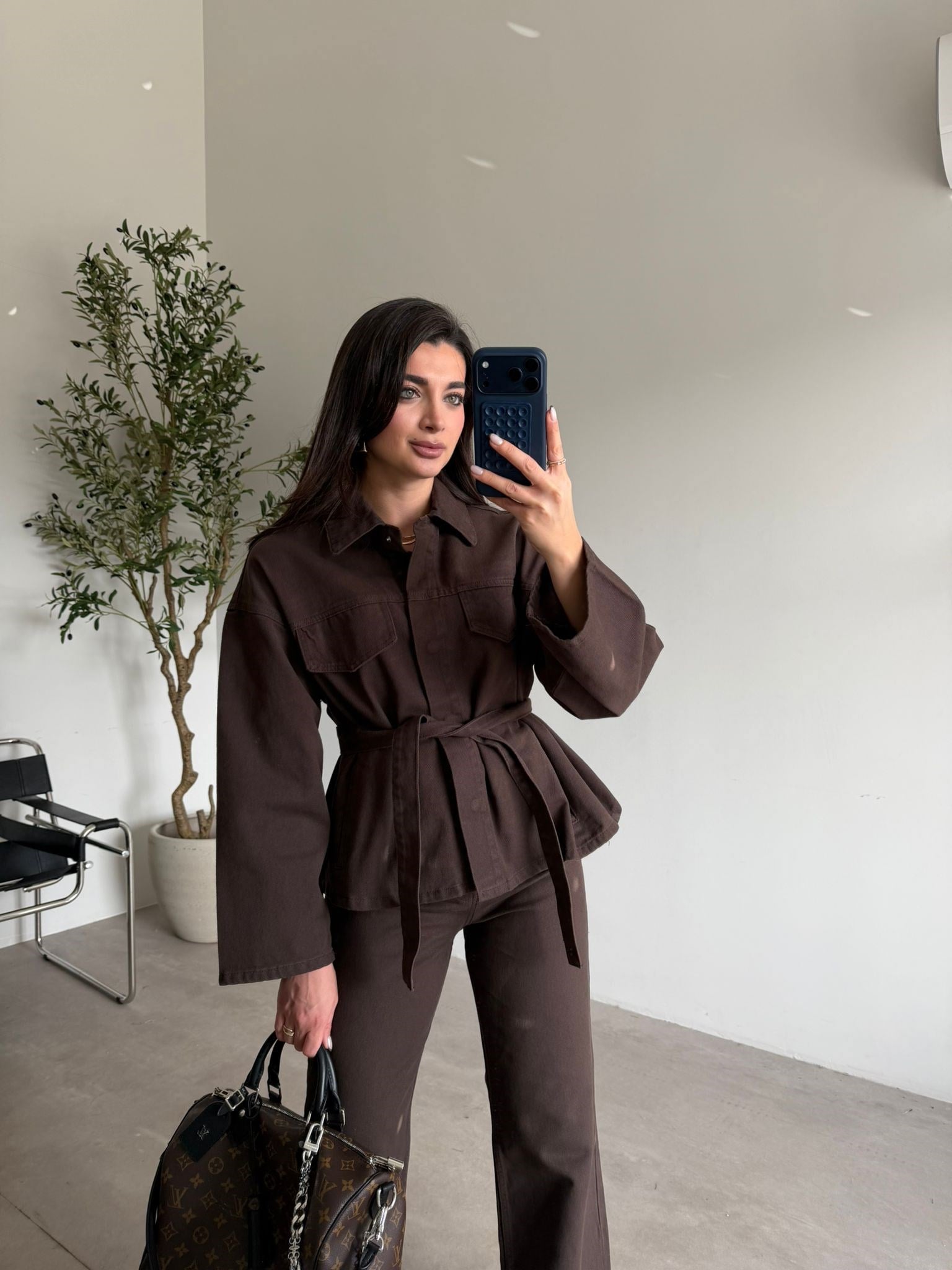 Kahve Kuşaklı Denim Takım