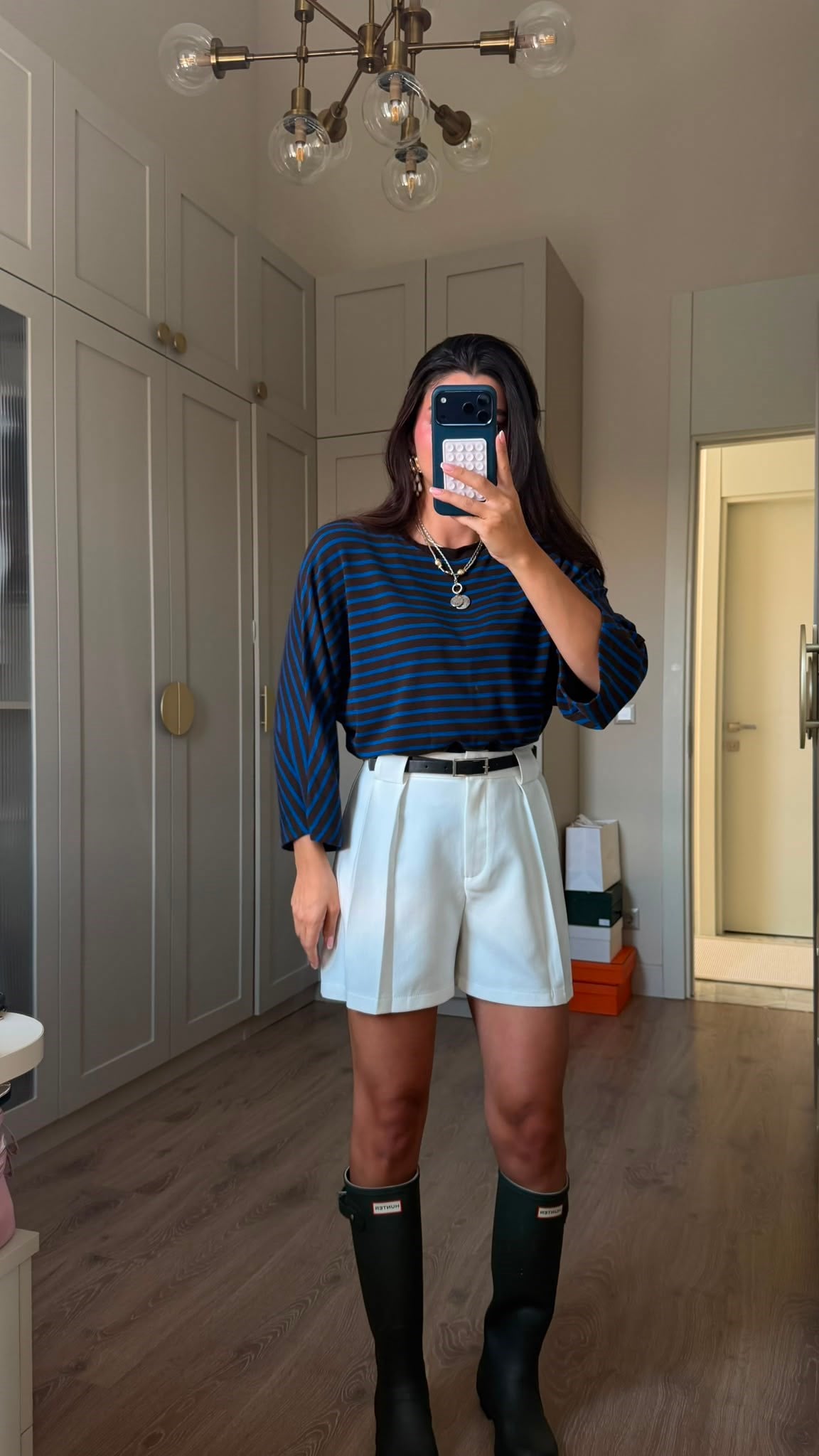 Kahve Lacivert Çizgili Yarasa Kol Bluz