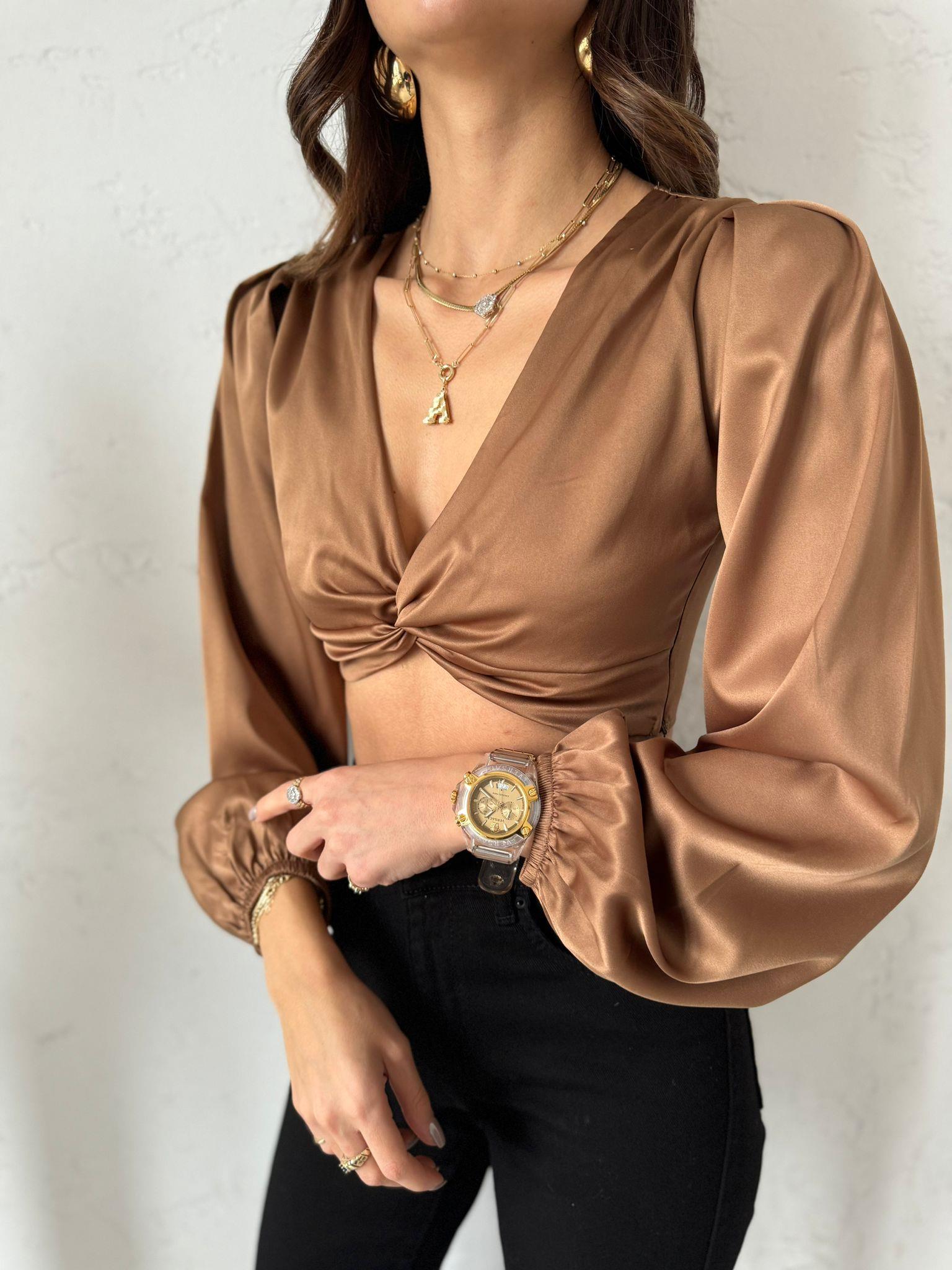 Kahve Önü Düğümlü Crop Bluz