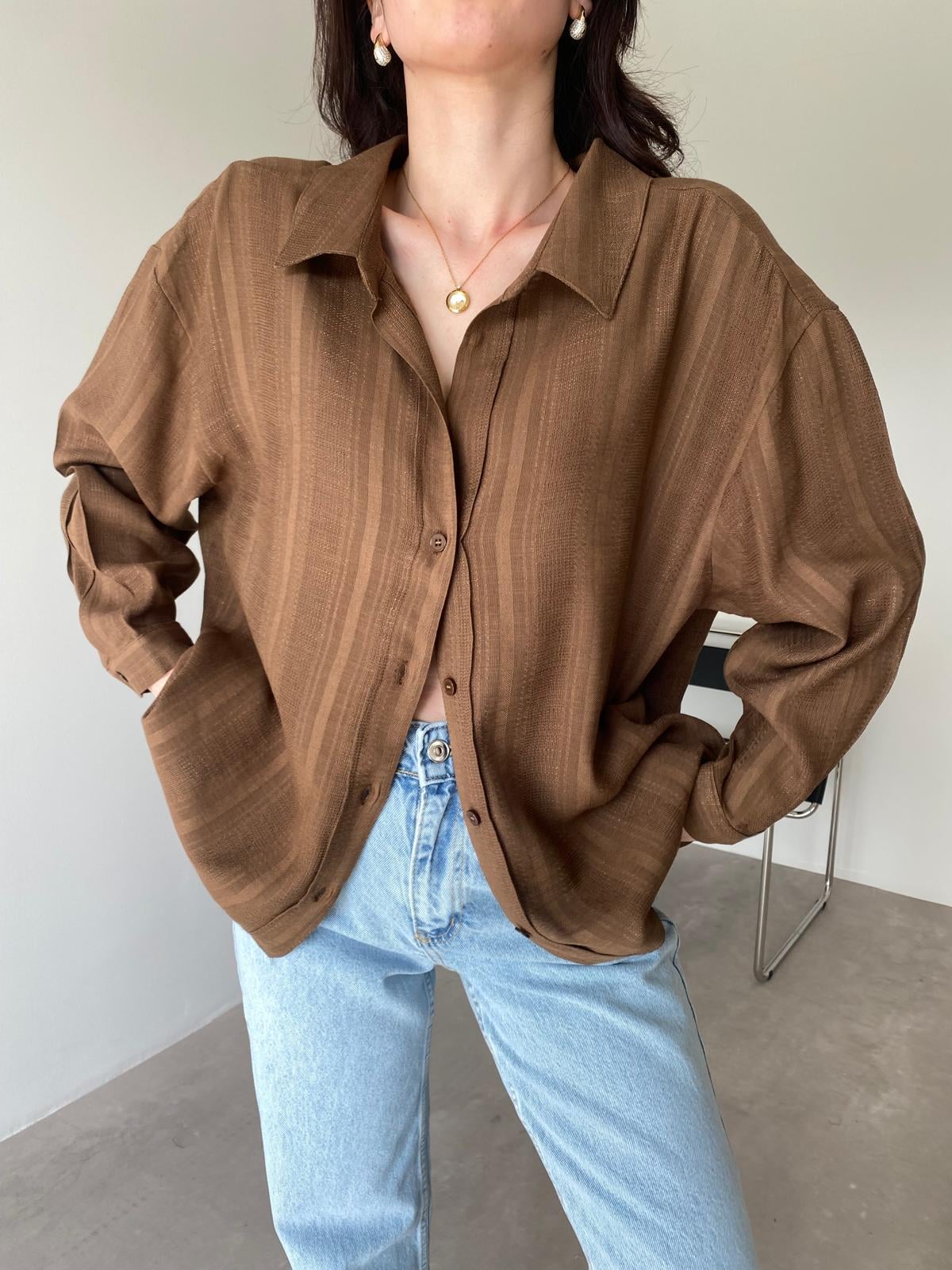 Kahve Oversize Transparan Gömlek