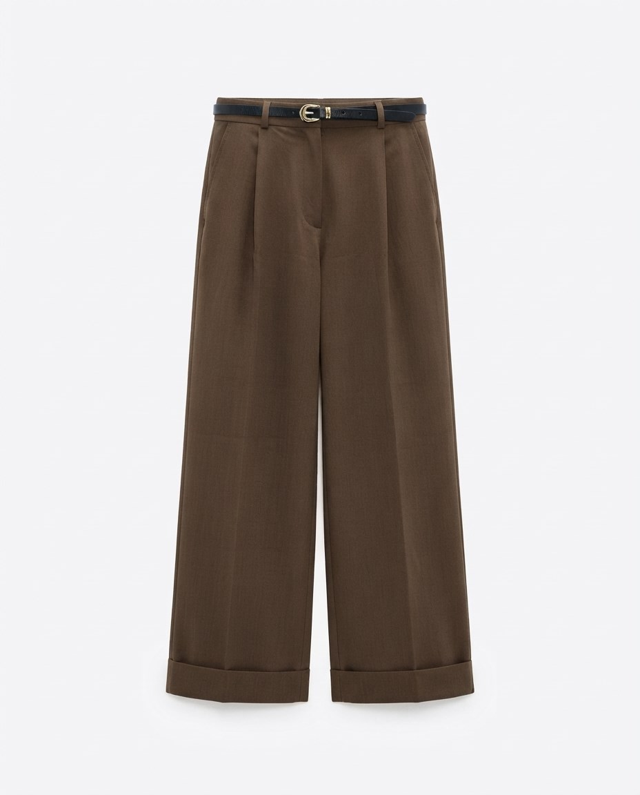 Kahve Paçası Katlamalı Kemerli Bol Paça Pantolon