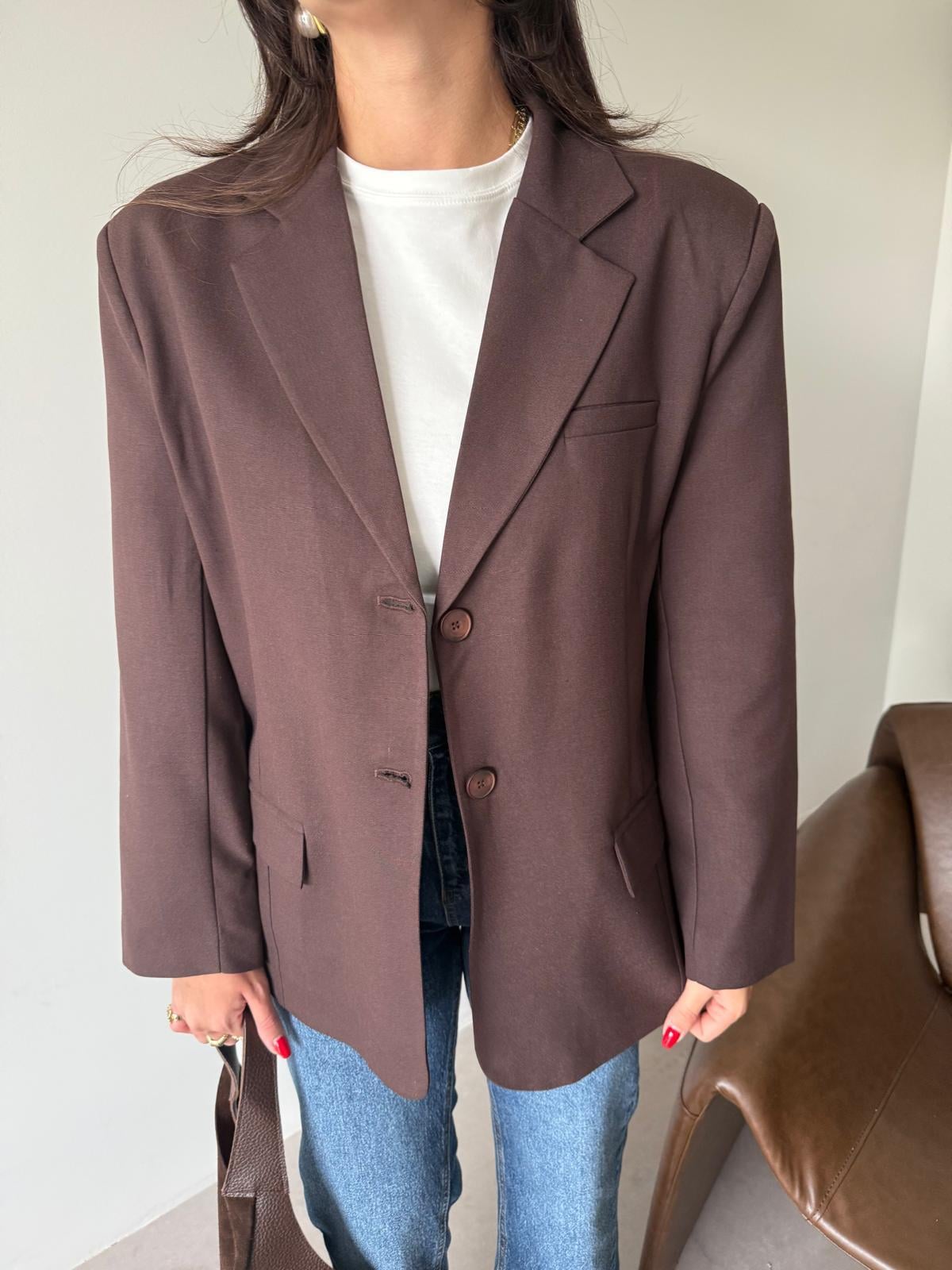 Kahve Pens Detaylı Blazer Ceket
