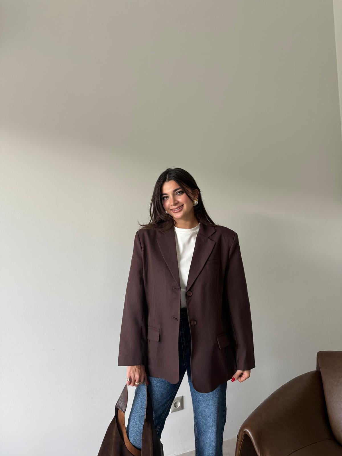 Kahve Pens Detaylı Blazer Ceket