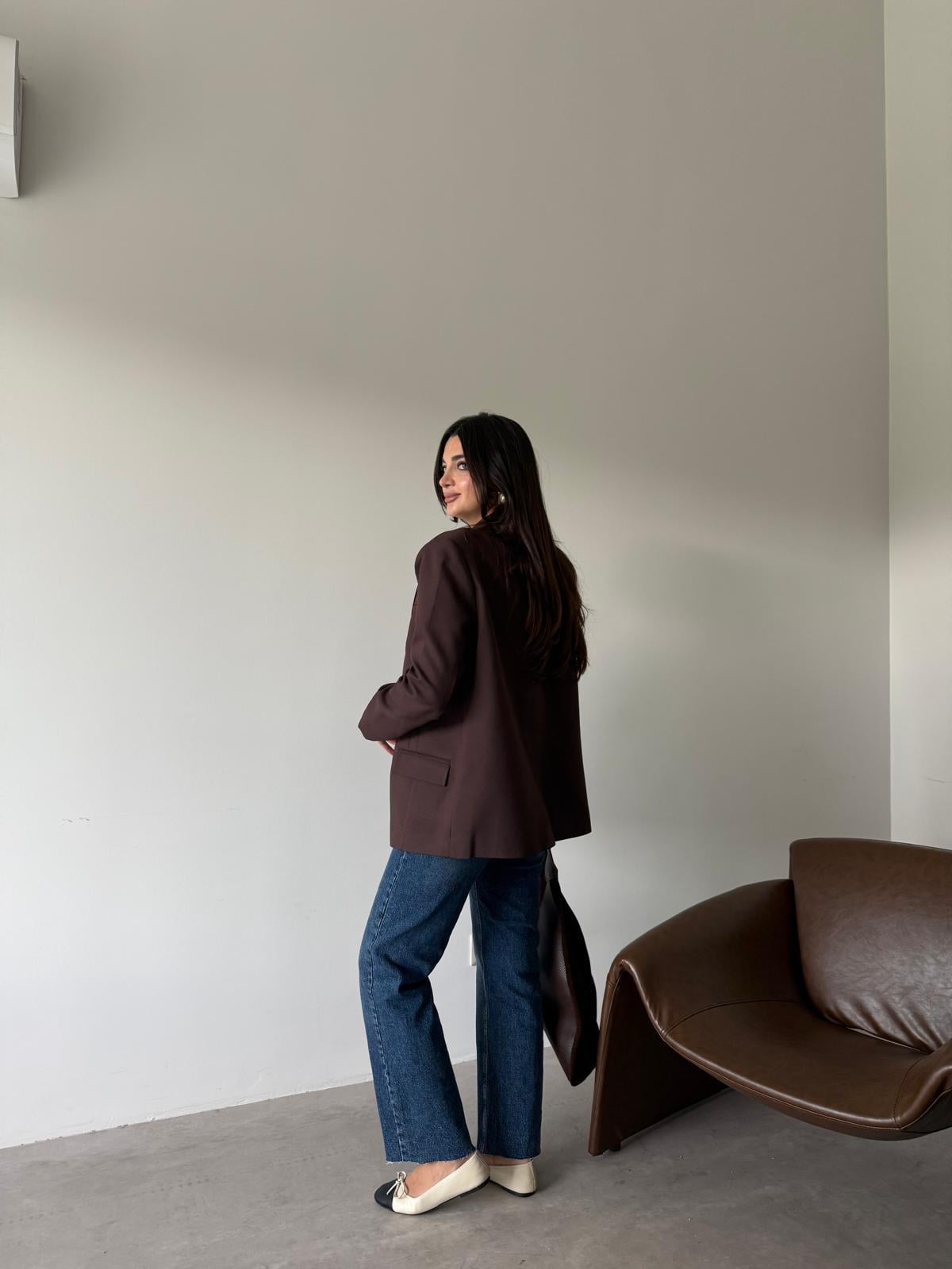 Kahve Pens Detaylı Blazer Ceket