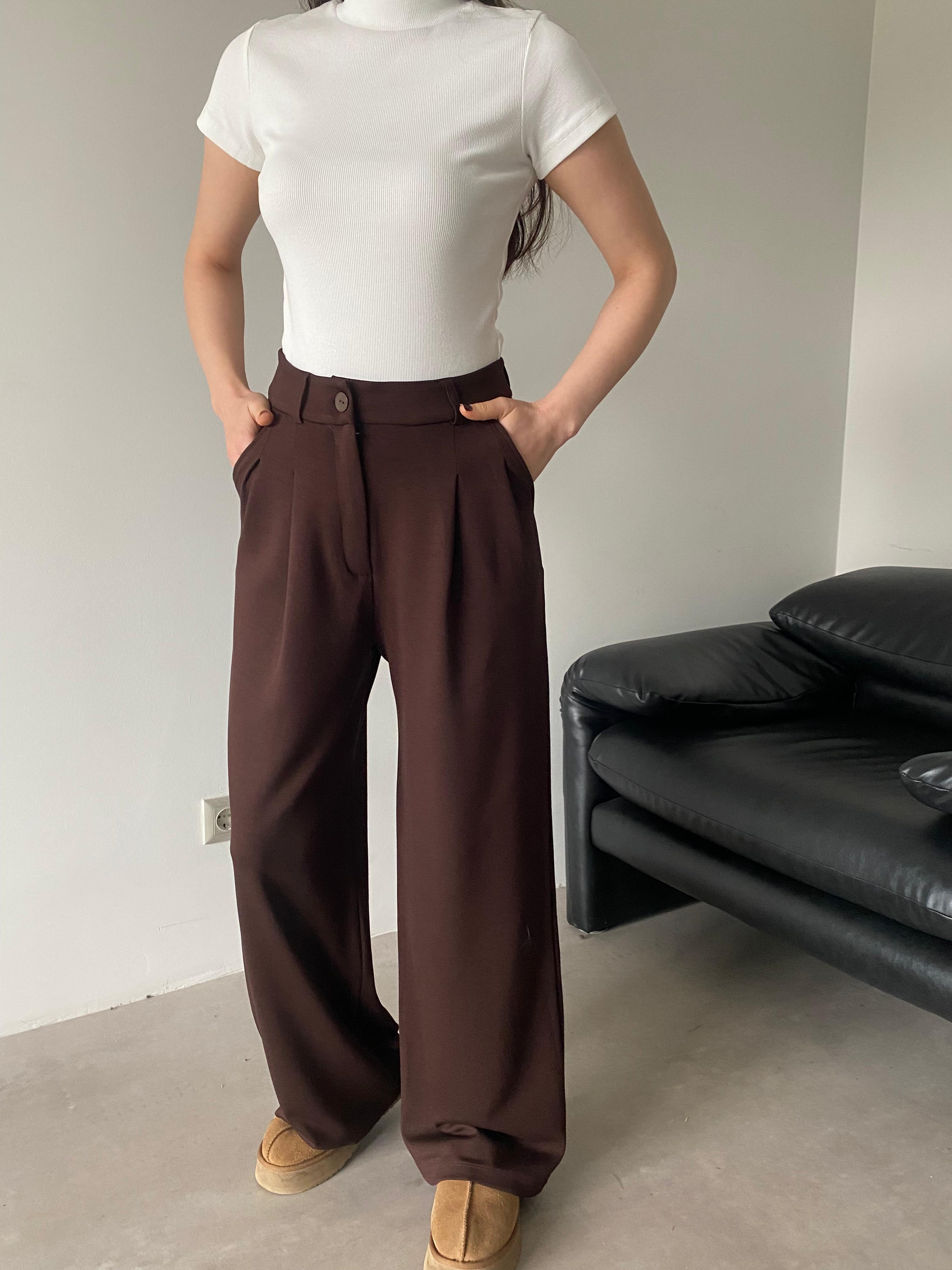 Kahve Pile Detaylı Modal Pantolon