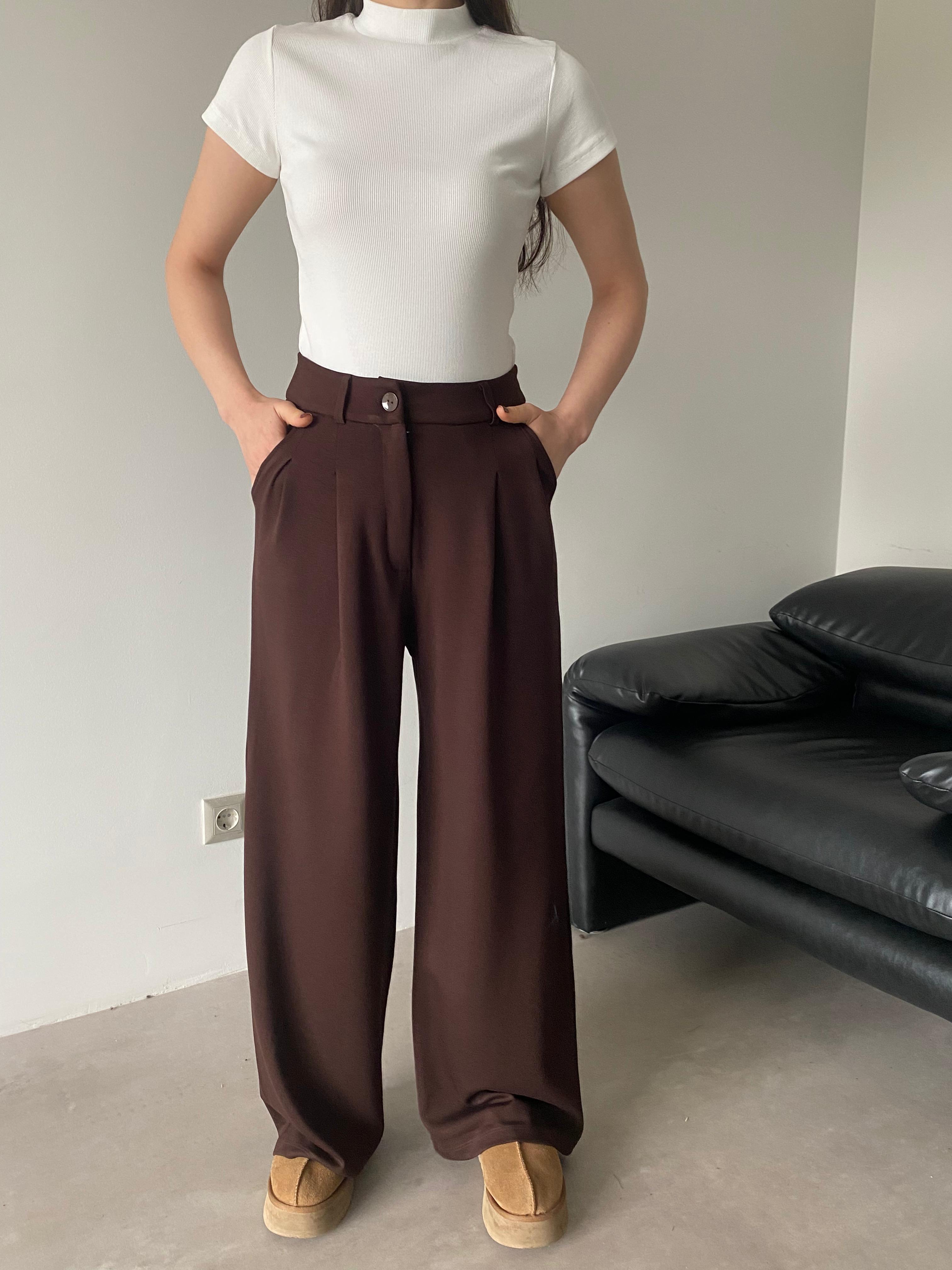 Kahve Pile Detaylı Modal Pantolon