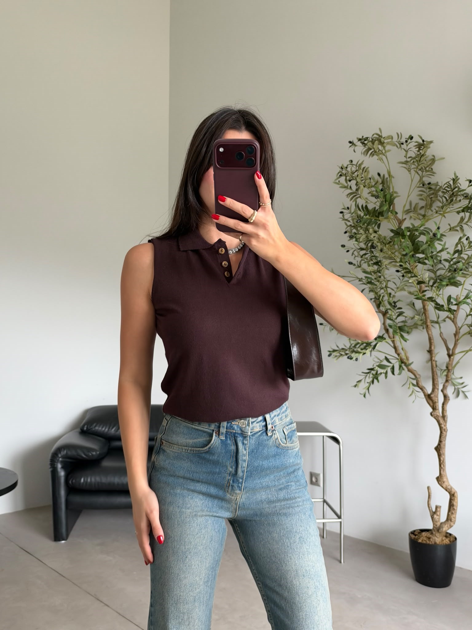 Kahve Polo Yaka Sıfır Kol Yumuşacık Bluz