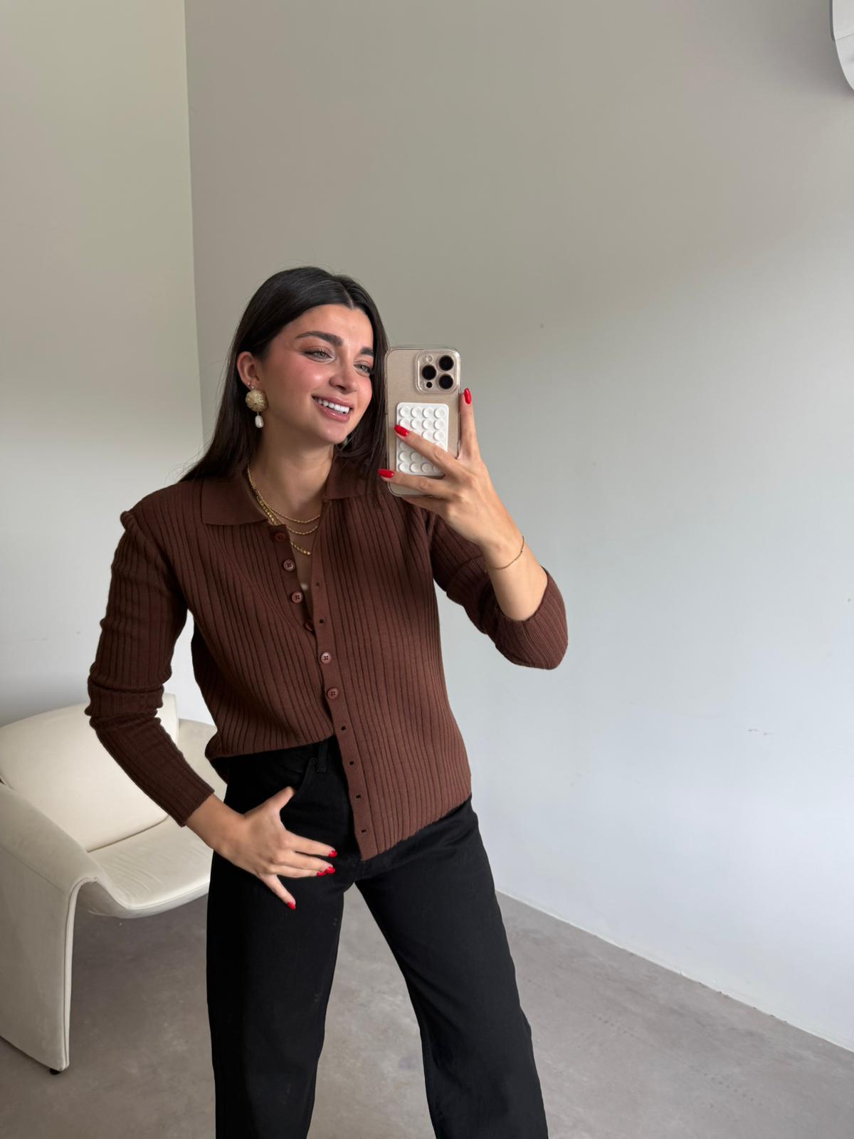 Kahve Polo Yaka Triko Hırka 