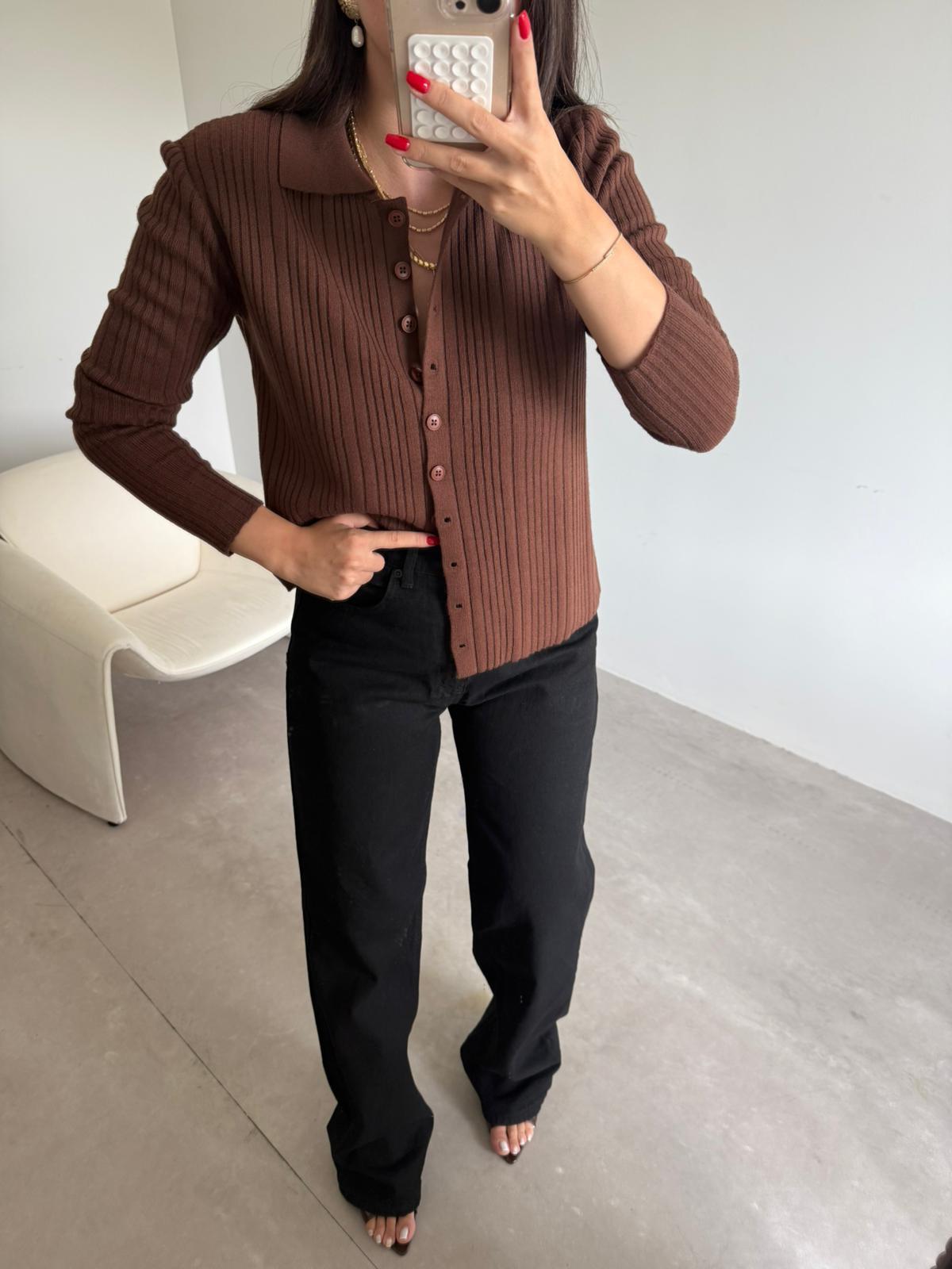Kahve Polo Yaka Triko Hırka 
