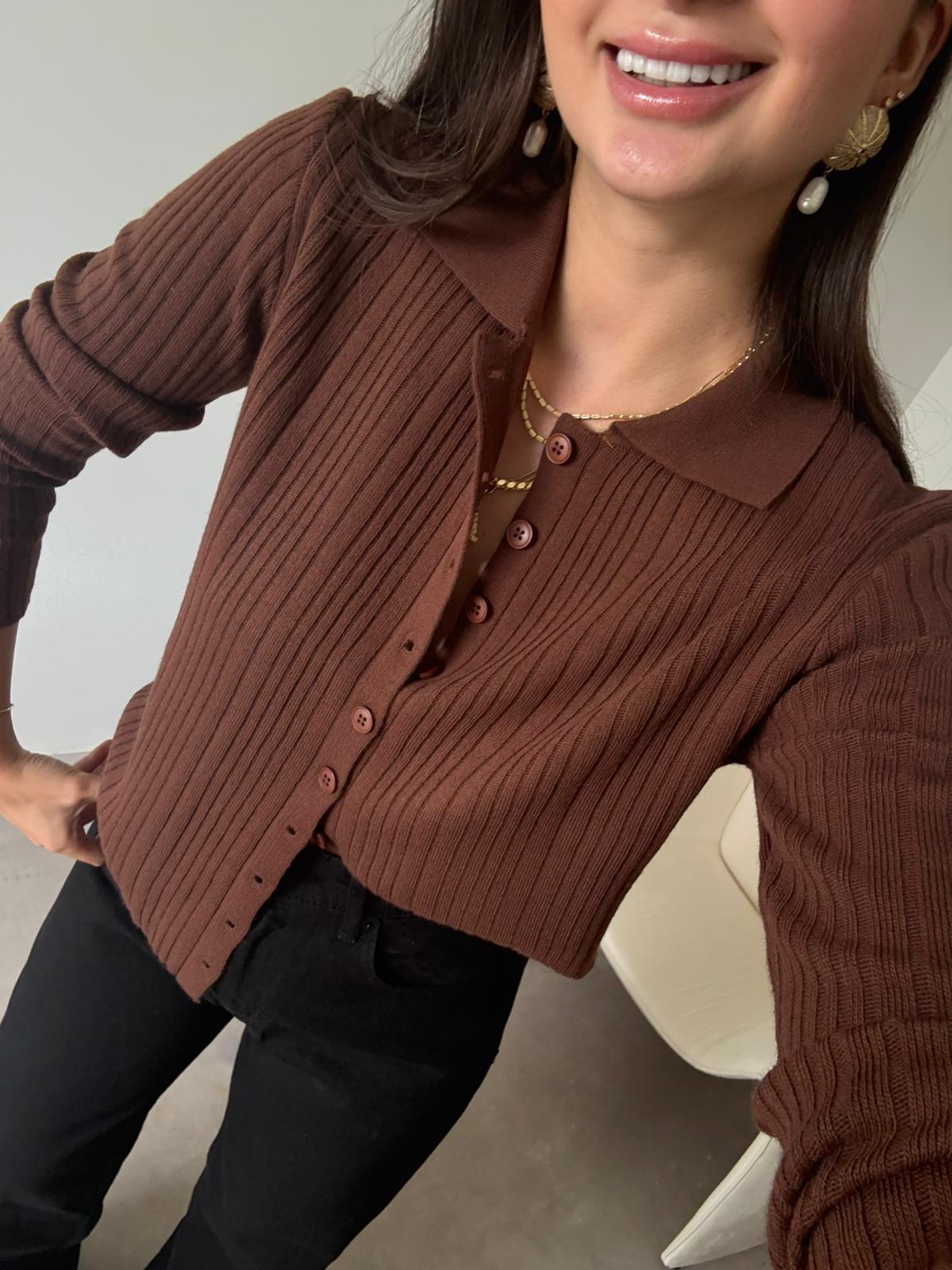 Kahve Polo Yaka Triko Hırka 