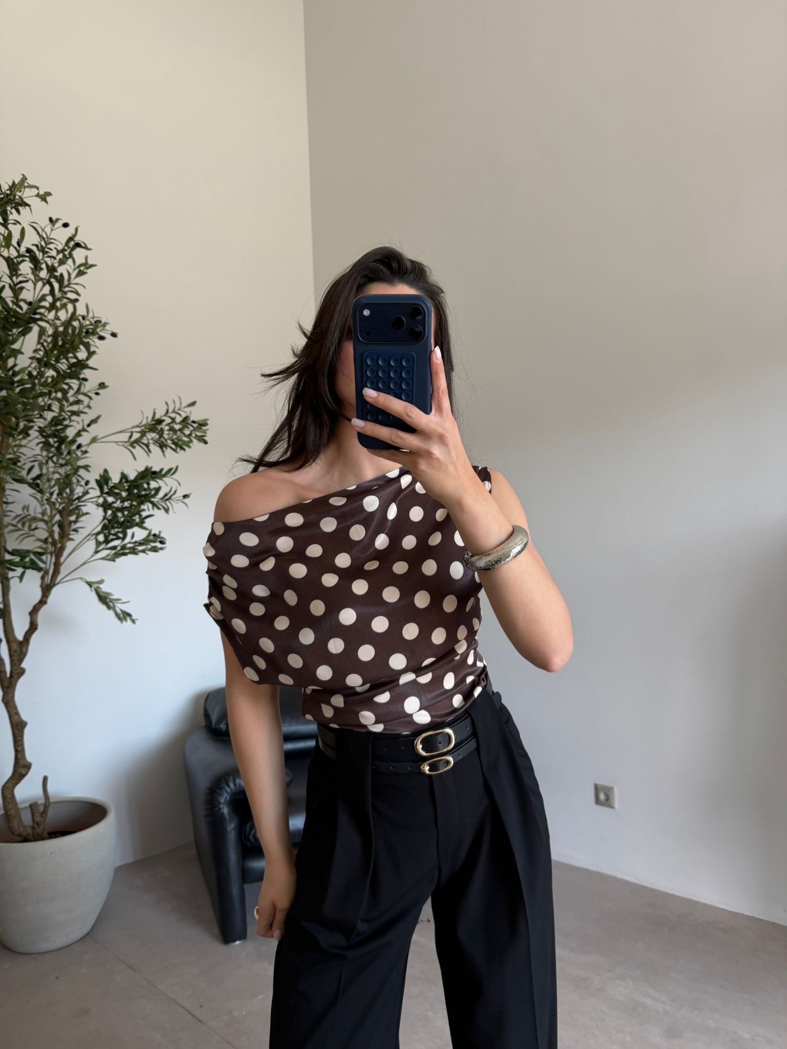 Kahve Puantiyeli Saten Bluz