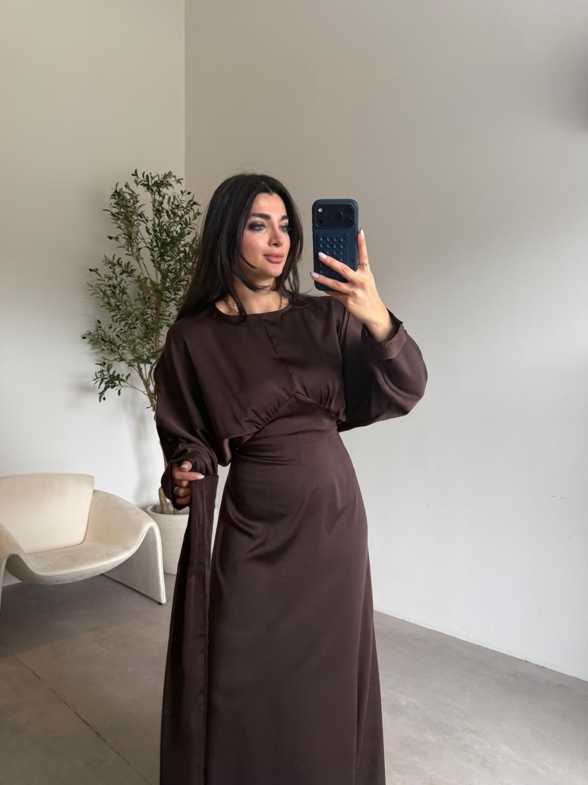 Kahve Saten Kuşaklı Elbise