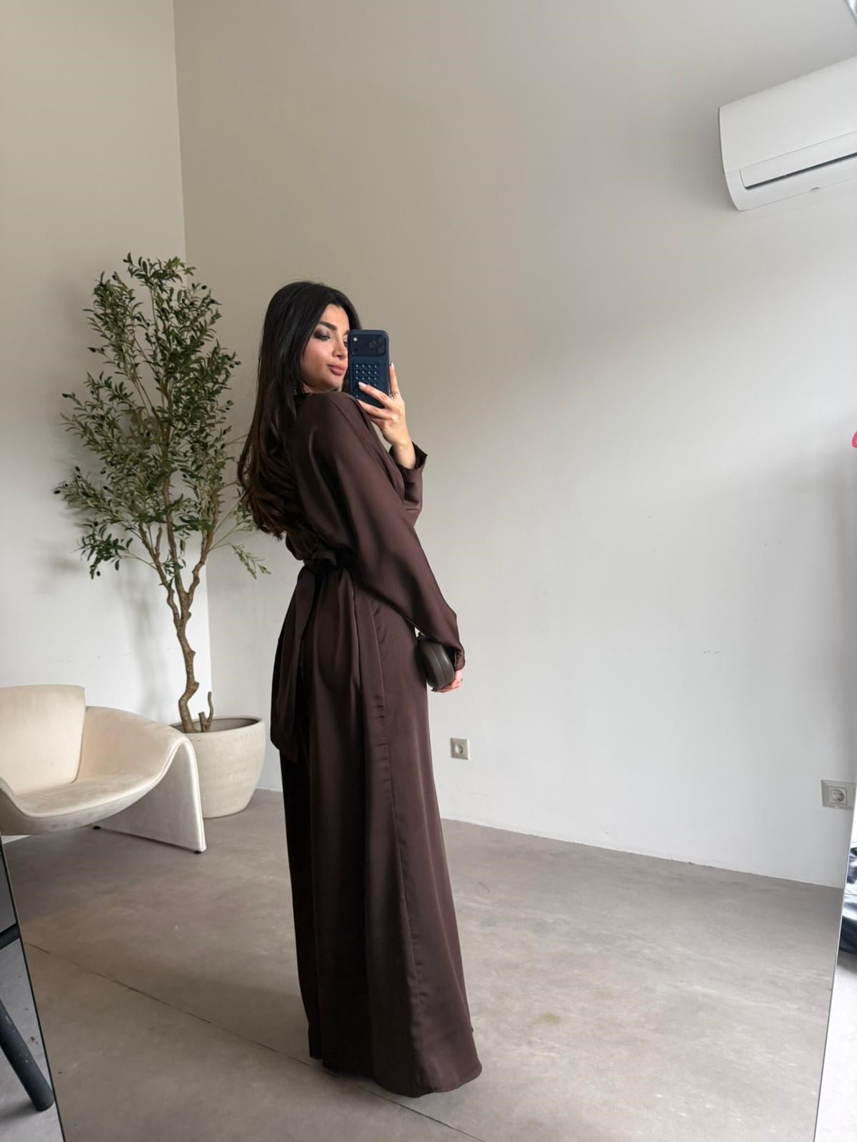 Kahve Saten Kuşaklı Elbise