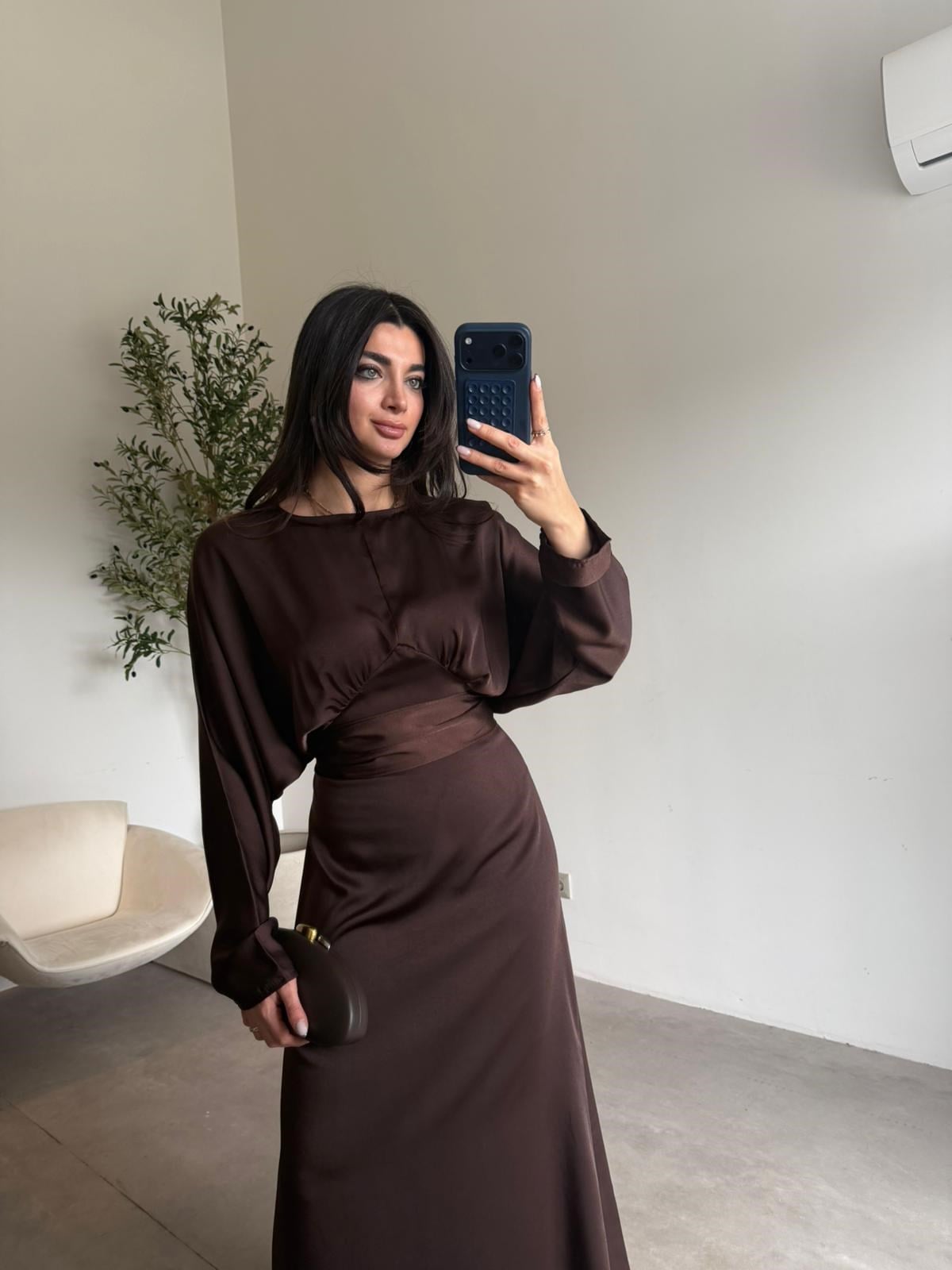 Kahve Saten Kuşaklı Elbise