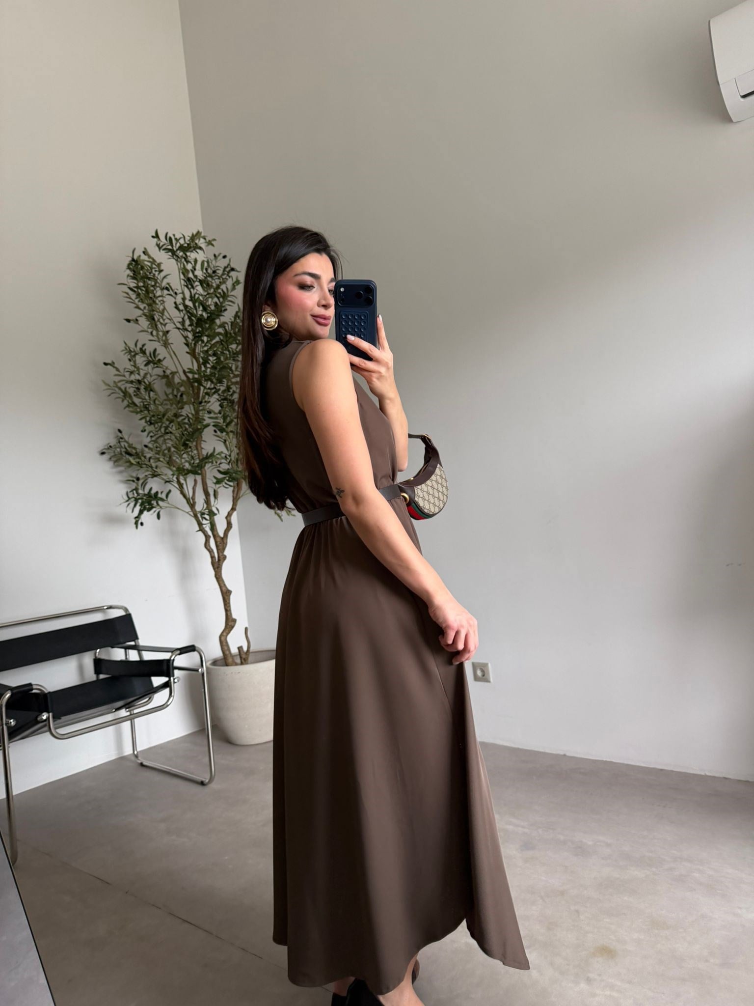 Kahve Sıfır Kol Fermuarlı Kemerli Elbise