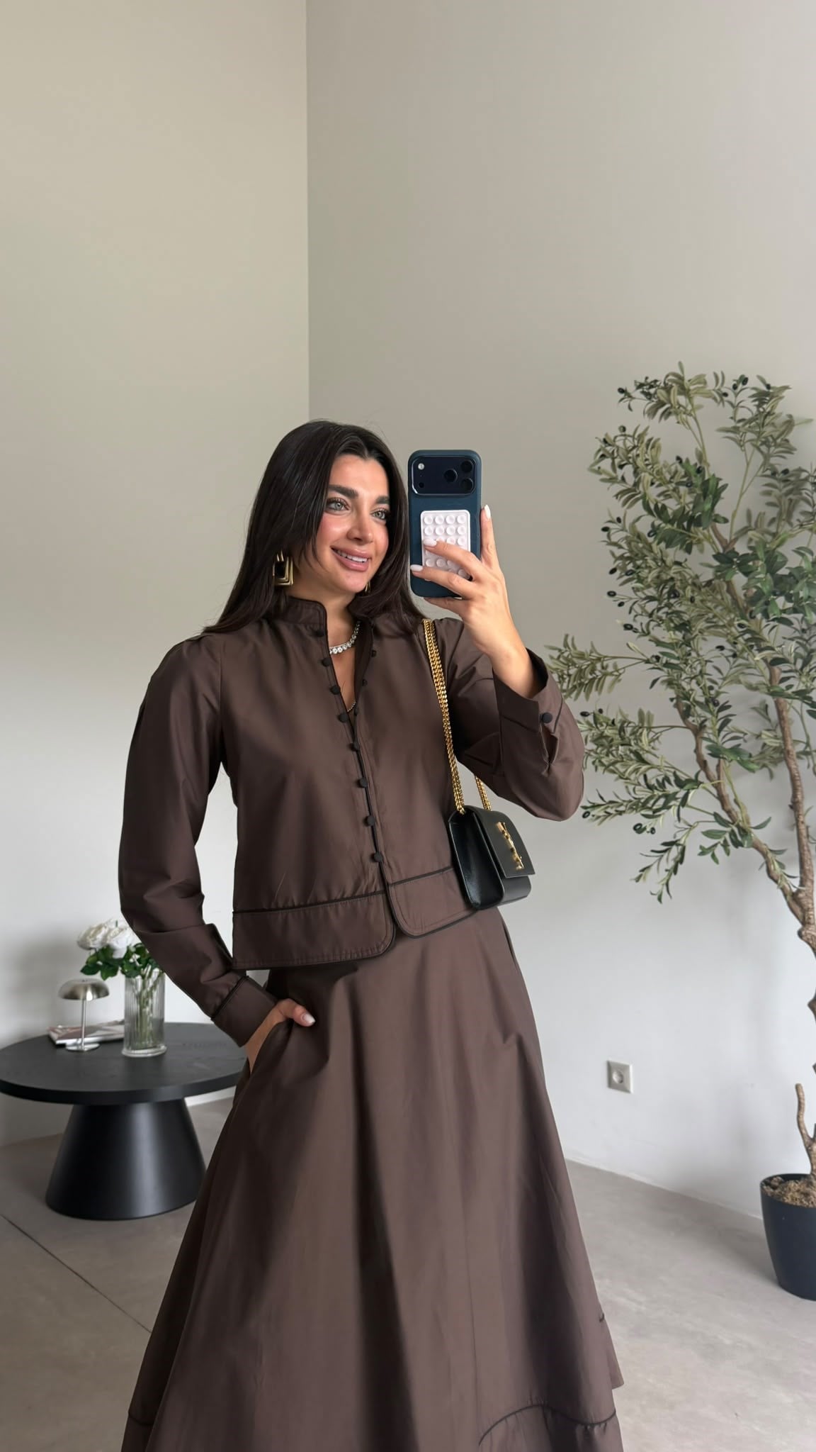 Kahve Siyah Şeritli Etek Takım