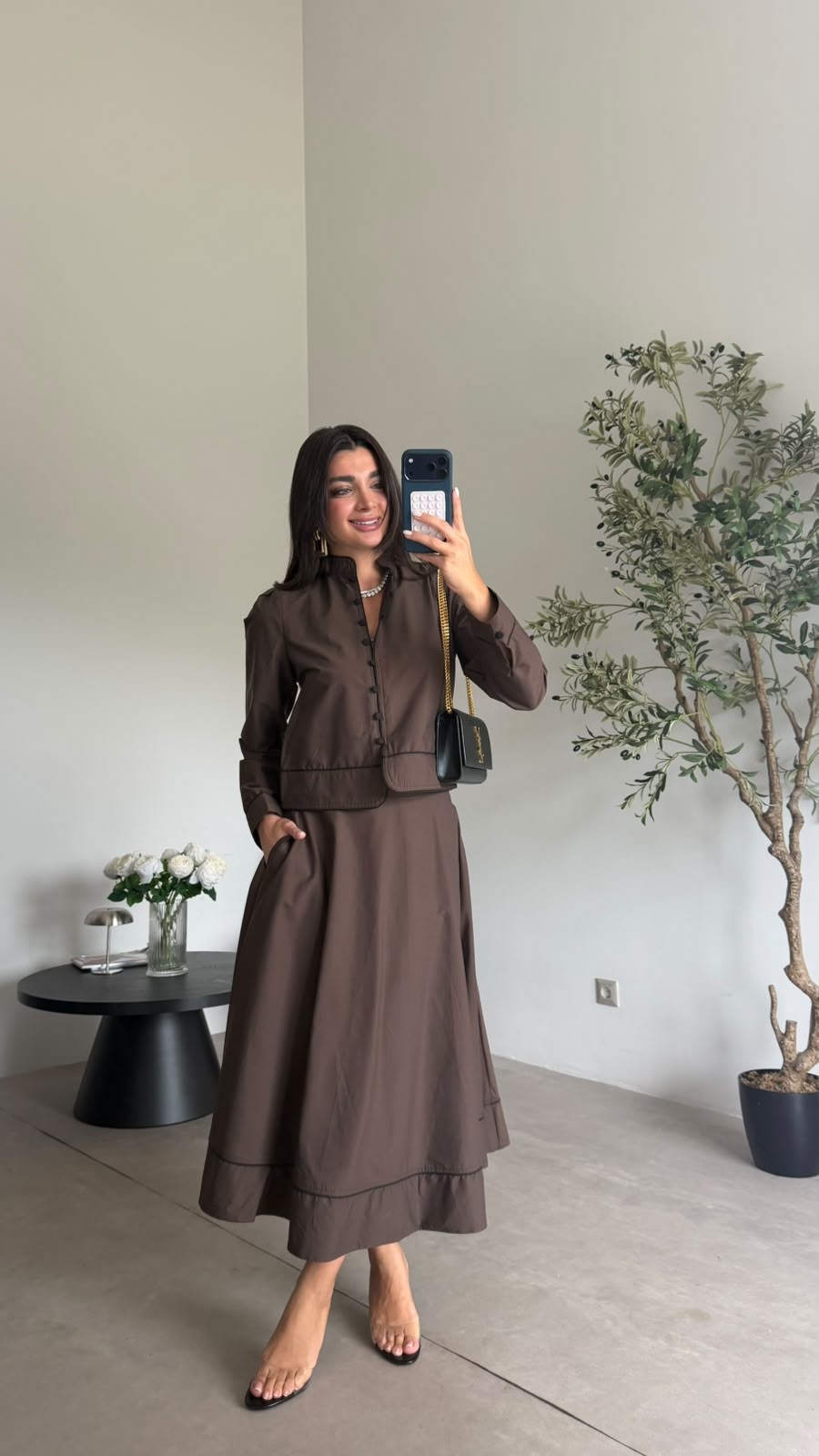 Kahve Siyah Şeritli Etek Takım